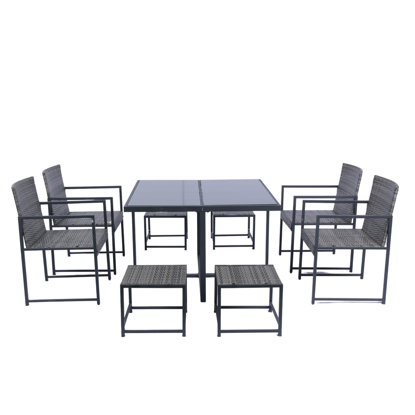 9-piece patio dining set with glass table, grey wicker, dark grey cushions