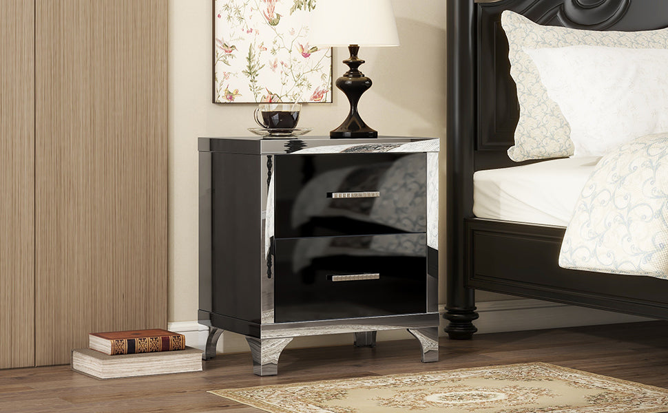 Elegant high gloss nightstand with 2 drawers, mirrored, black