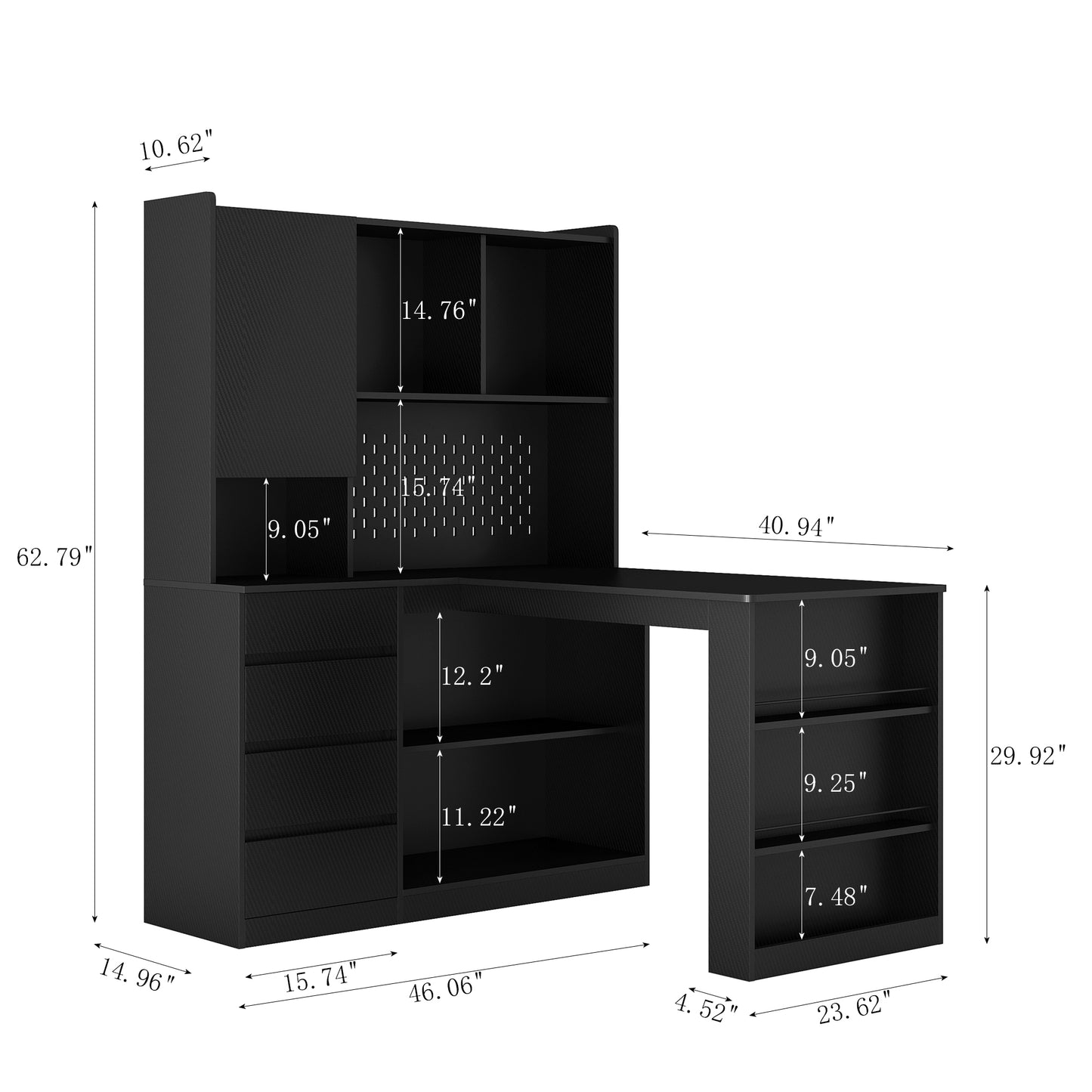 L-Shaped Desk with Drawers, Bookshelf, Hutch, LED, and Storage