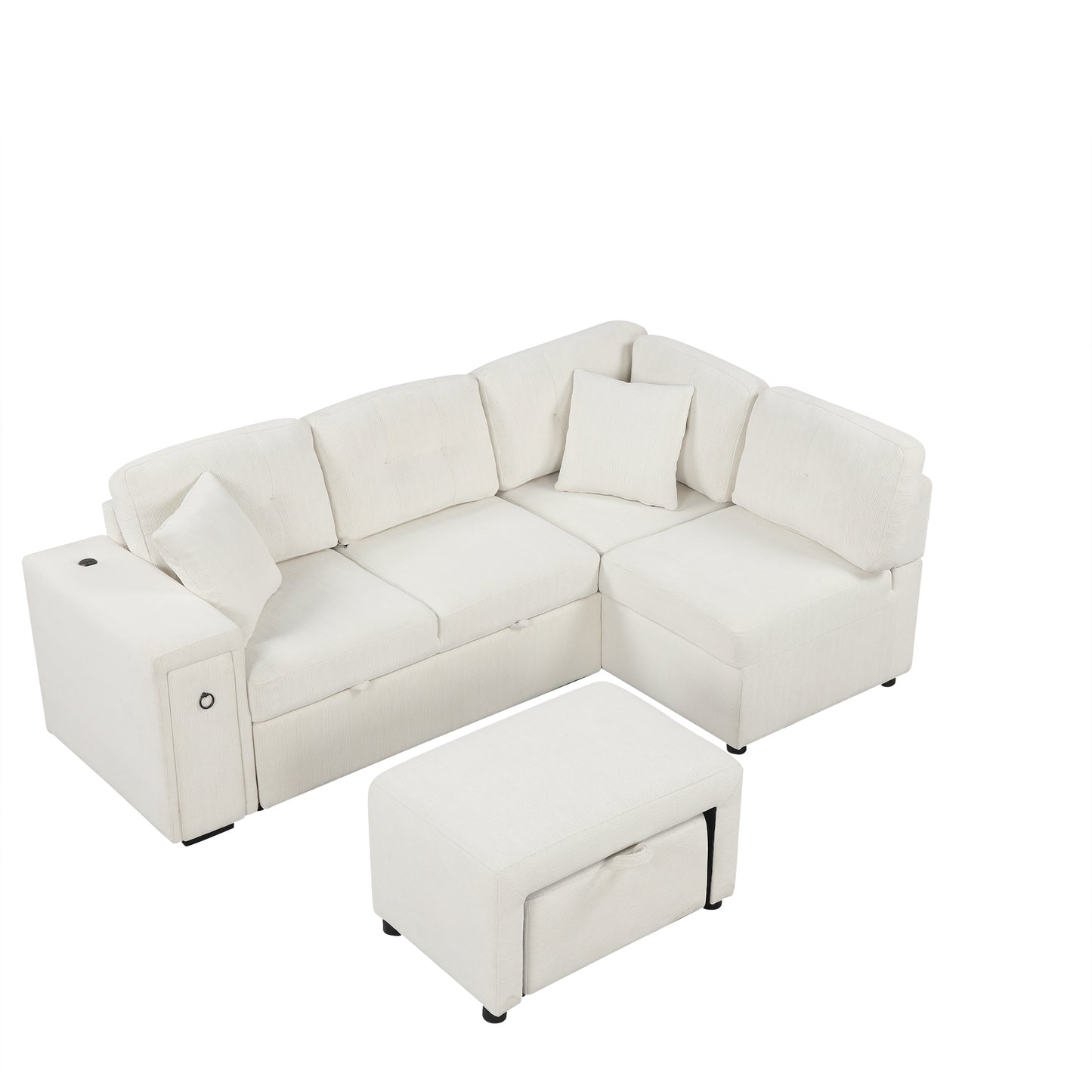 86.6 L-Shaped Sofa Bed with Ottoman, USB Ports & Cup Holders, Beige