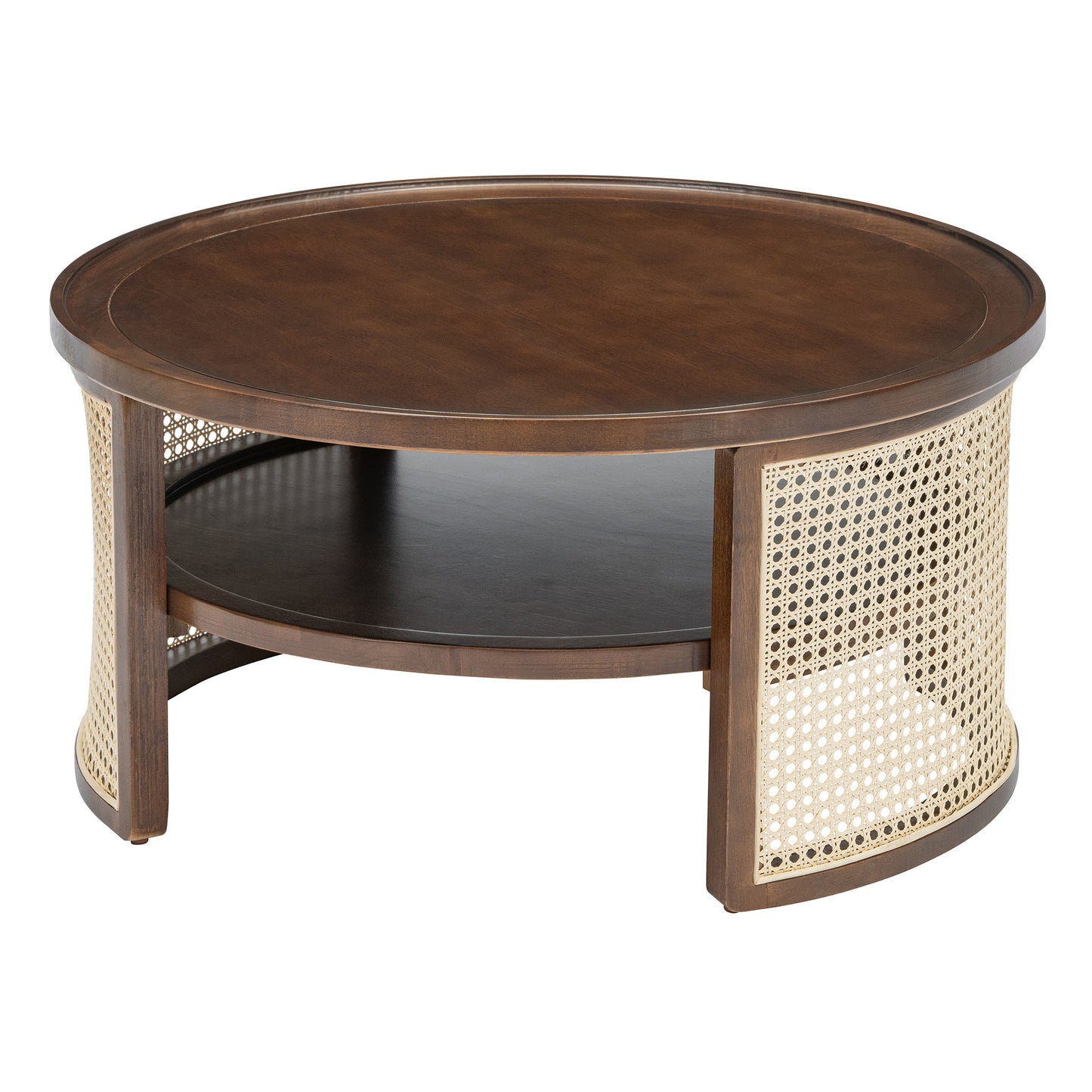 2-Tier Walnut Coffee Table with Rattan Base