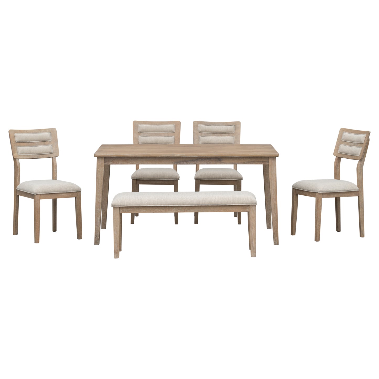 6-piece traditional dining set with upholstered chairs and bench, natural wood wash