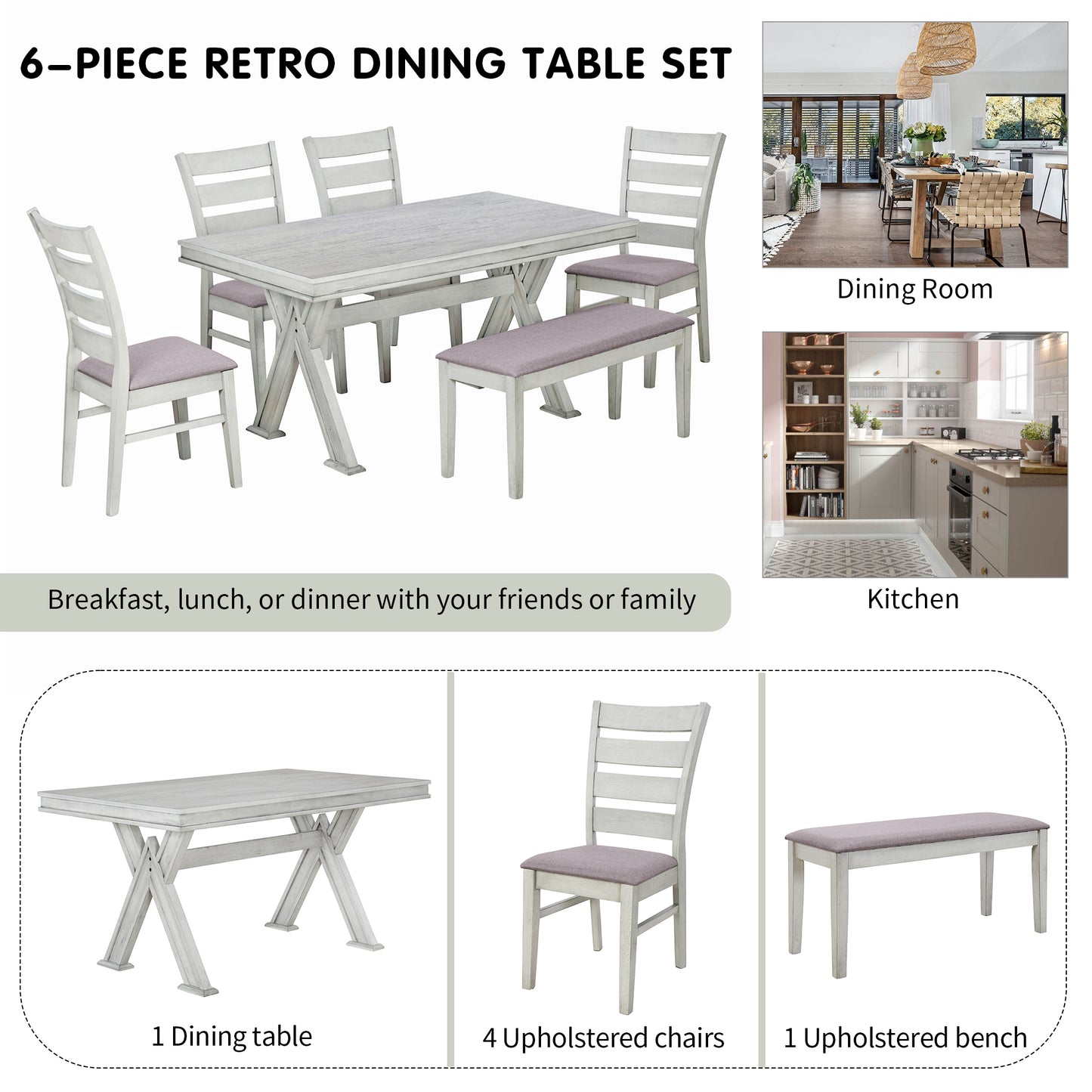 6-piece retro dining set with unique legs, white table, upholstered chairs, and bench