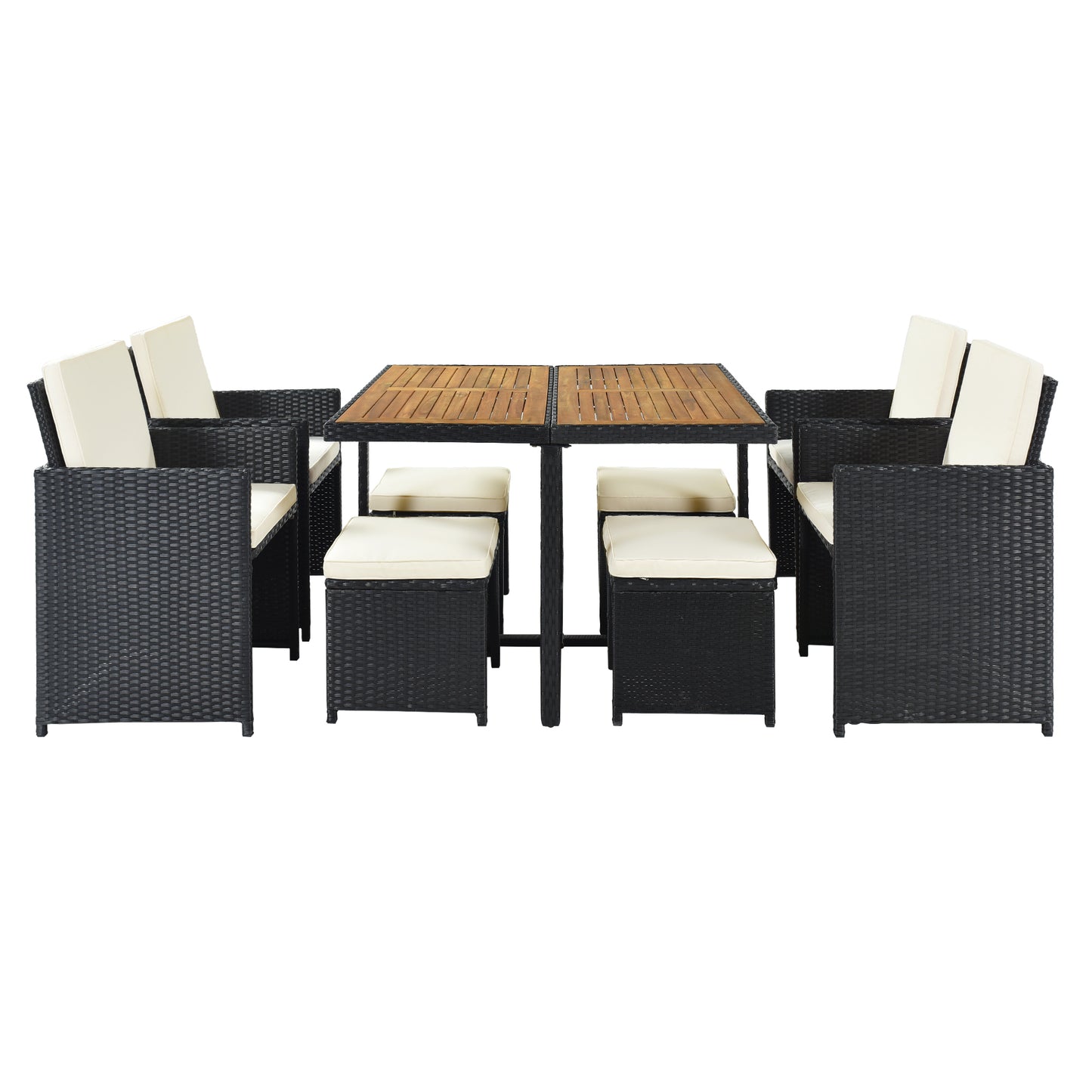 9-piece patio wicker dining set, black rattan, beige cushions