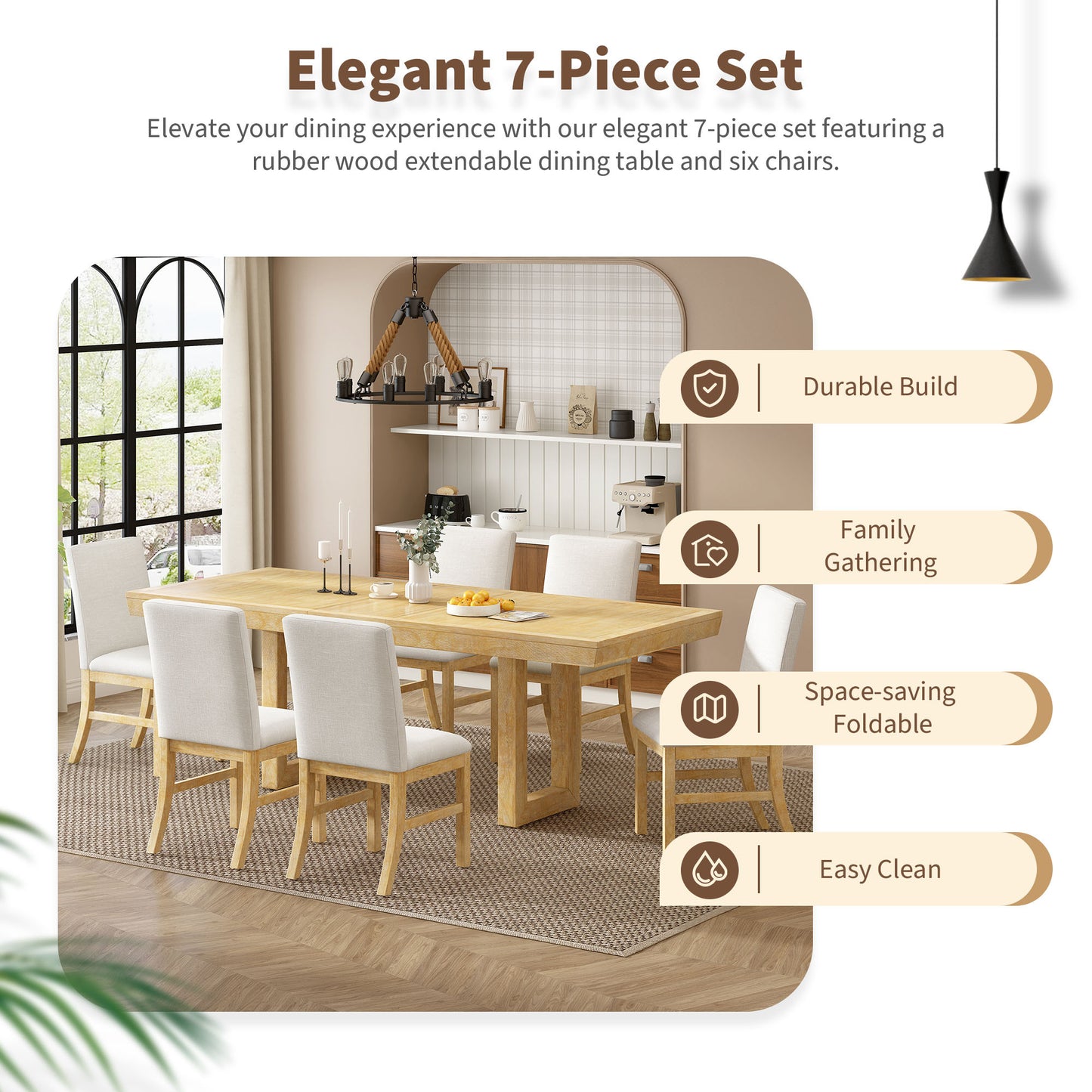 7-piece traditional extendable dining set with butterfly leaf, natural finish