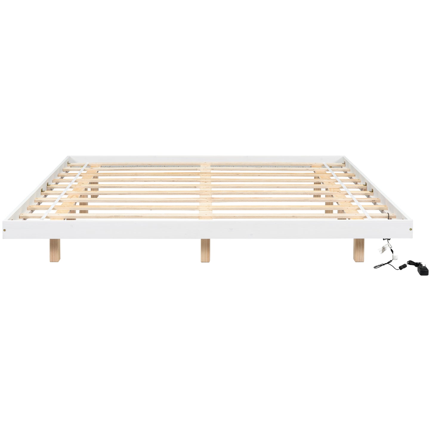 King floating bed with LED lights, modern low profile, white