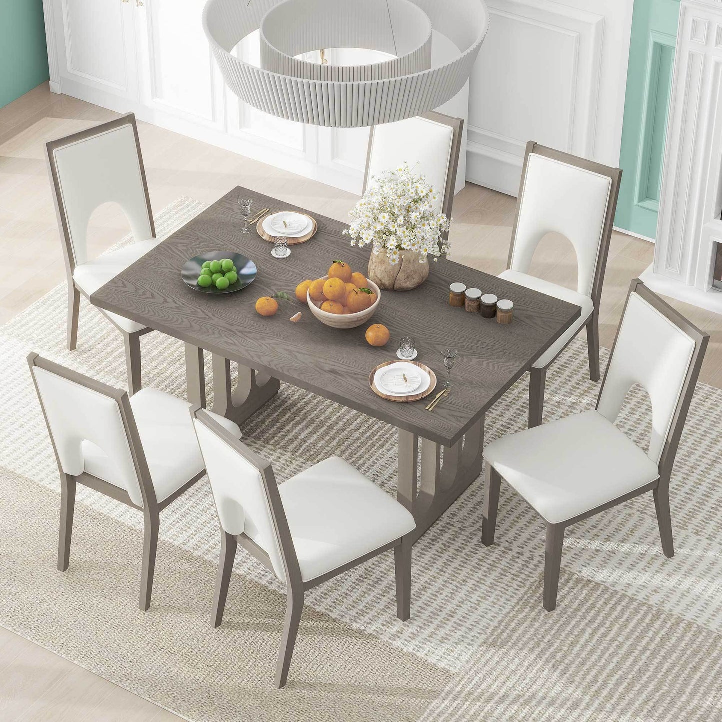 Wood dining table set for 6, grey table, beige upholstered chairs