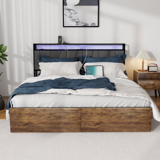 King bed frame with storage, ergonomic headboard, charging station, and LED lights, rustic brown