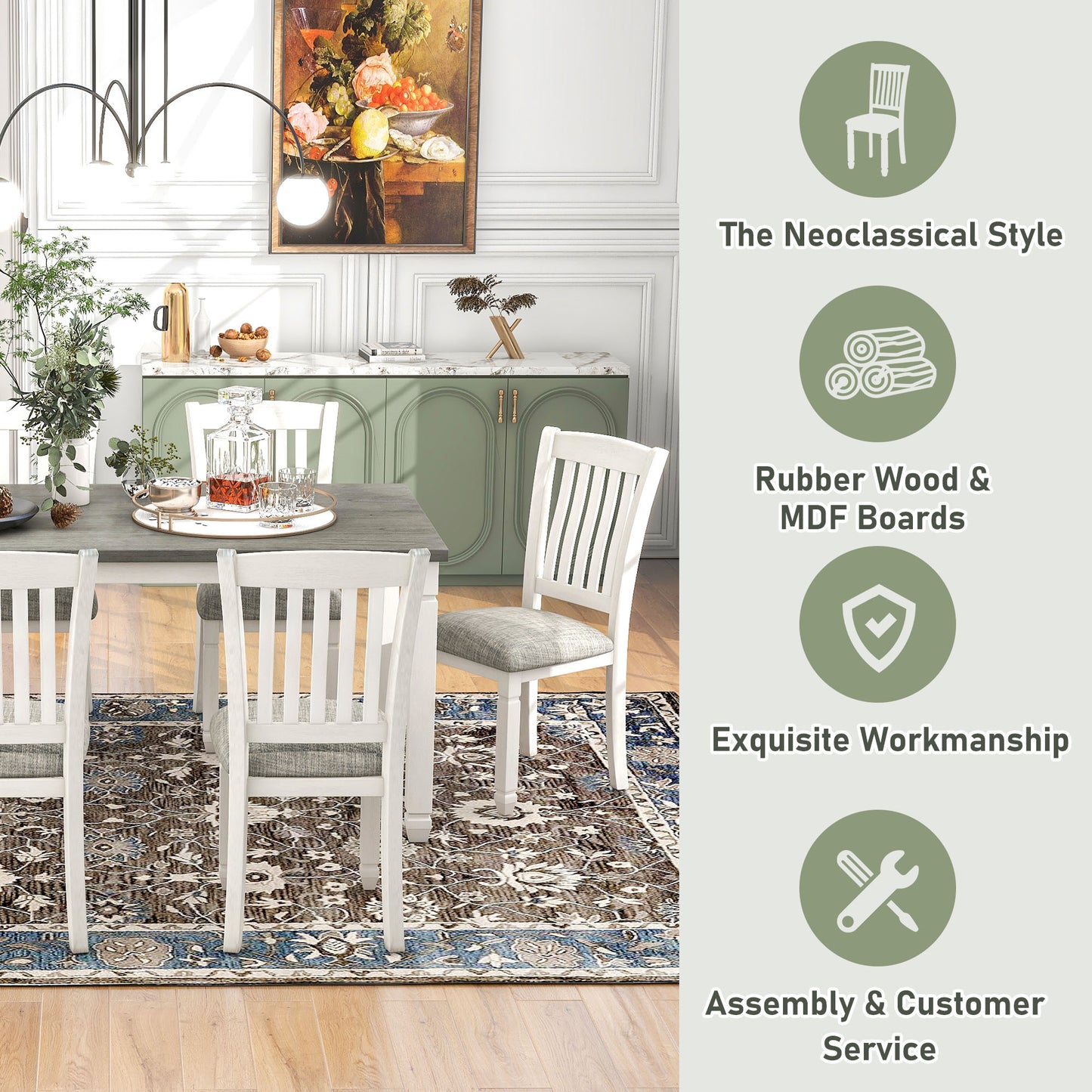 7-piece dining set with upholstered chairs and shaped legs, gray table, white chairs