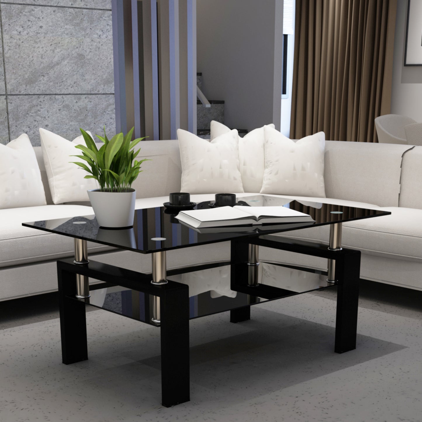 Rectangle Black Glass Coffee Table, Modern Design