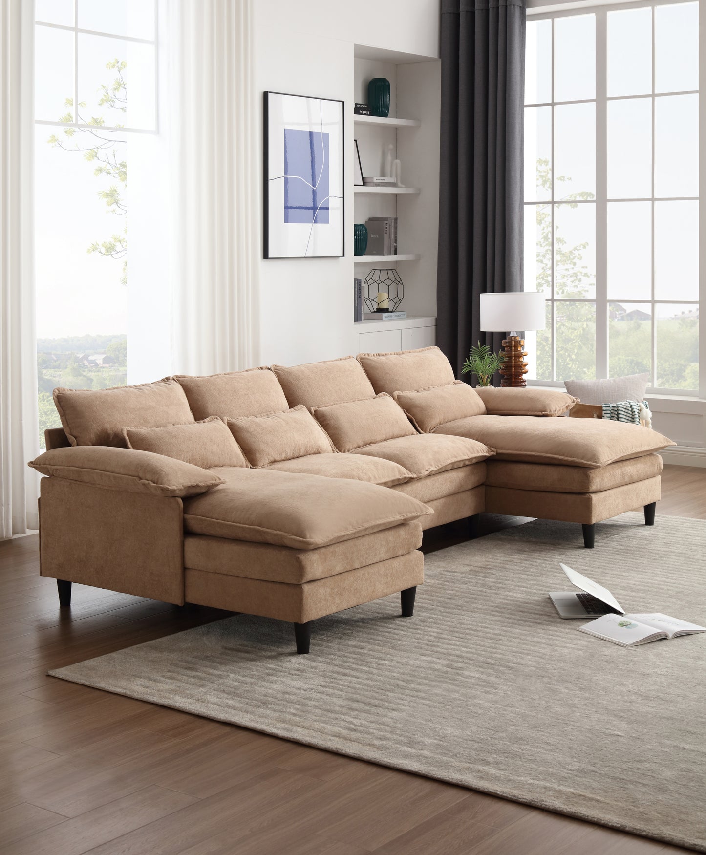 U-Shaped Modular Sectional Sofa with Chaise, 4 Seater, Terrycloth, Brown