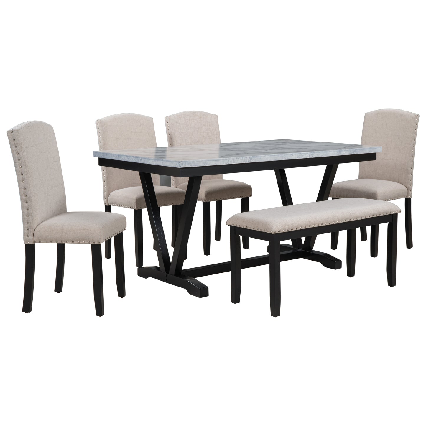 6-piece modern dining set with marbled tabletop and bench, white