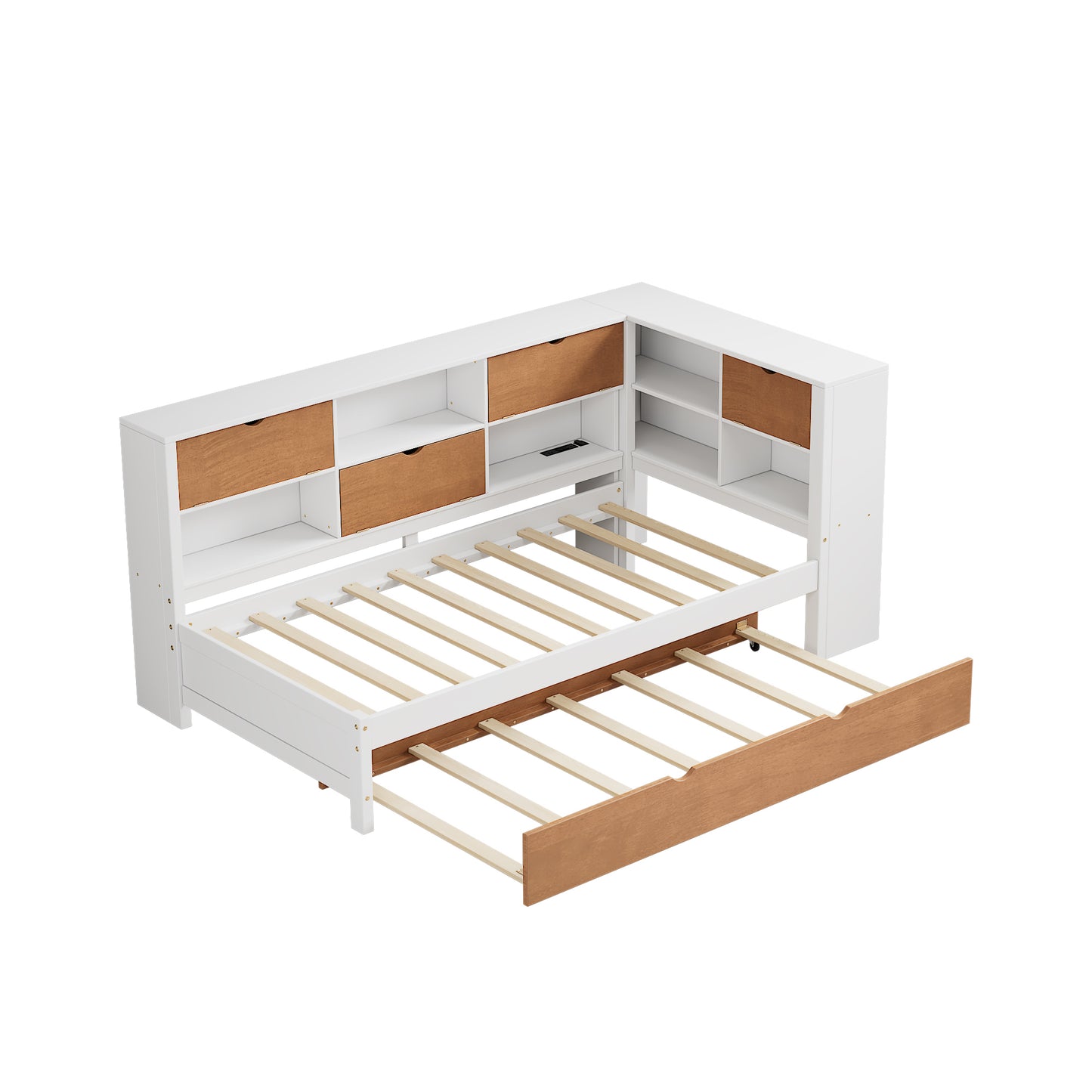 L-shaped twin bed frame with trundle, bookcase, LED light, walnut and white