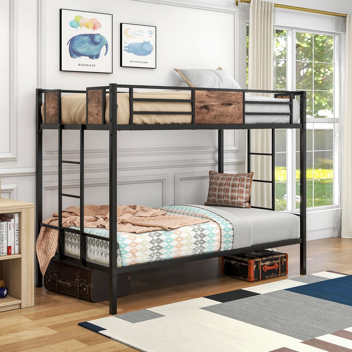 Twin Over Twin Size Metal Bunk Bed Black