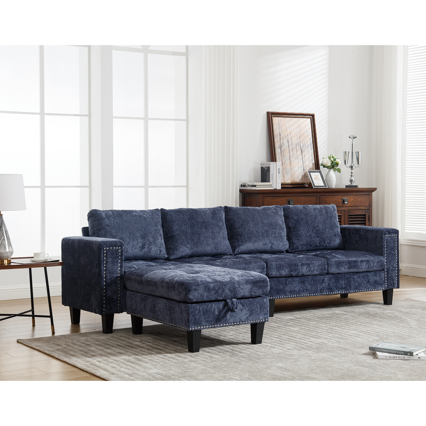 5-Seat Modular Sofa with Storage Ottoman, Reversible Chaise, Chenille, Blue