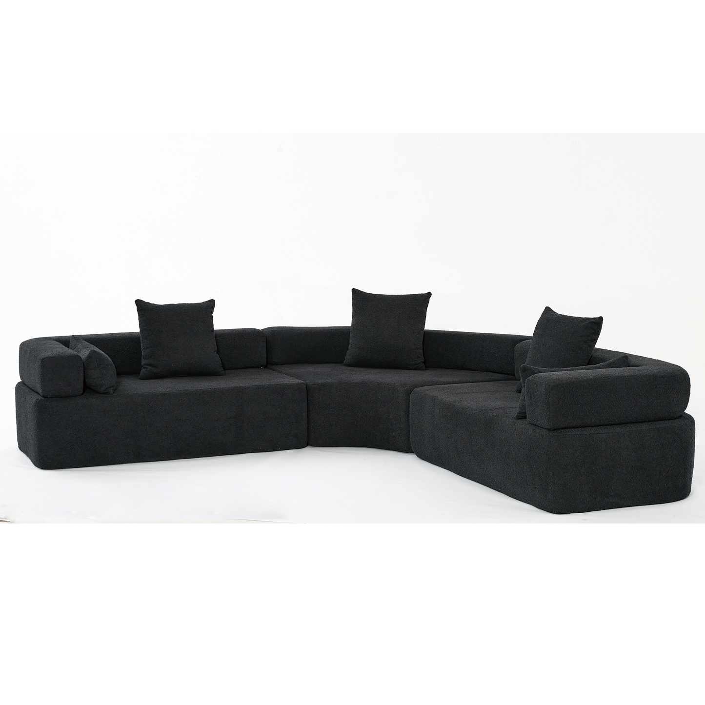 Oversized Curved 4-Seater Modular Sofa, 3-Piece Boucle, Black