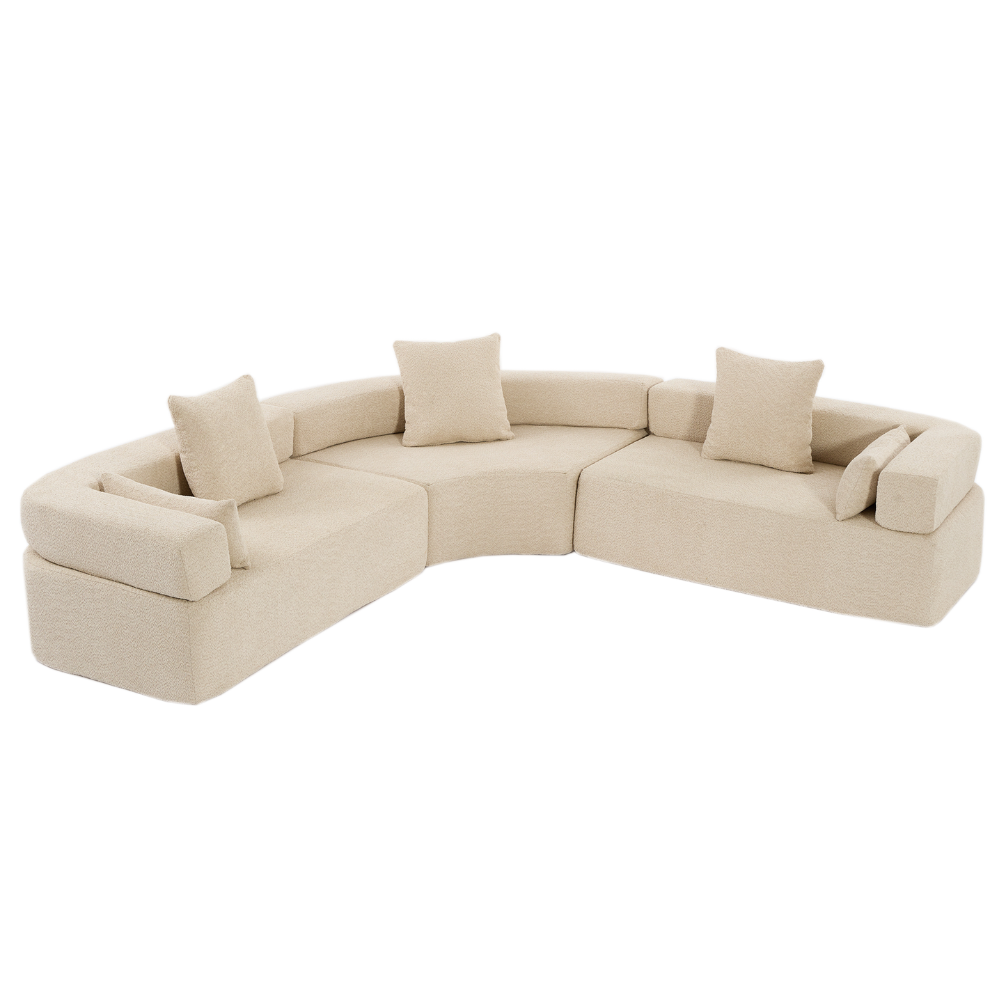 Oversized Curved 4-Seater Modular Sofa, 3-Piece Boucle, Khaki