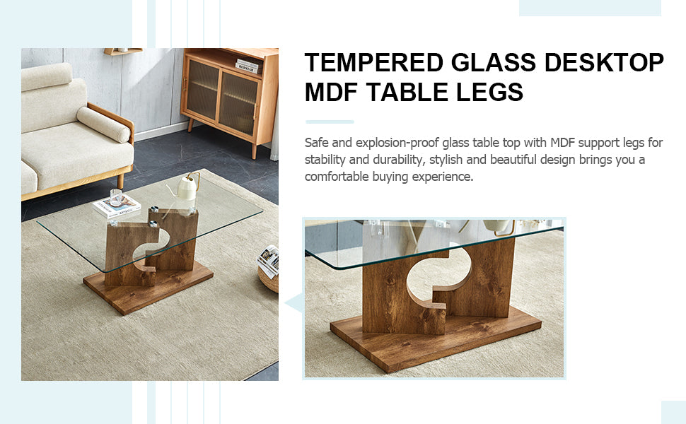 Rectangular Coffee Table with Glass Top & MDF Legs