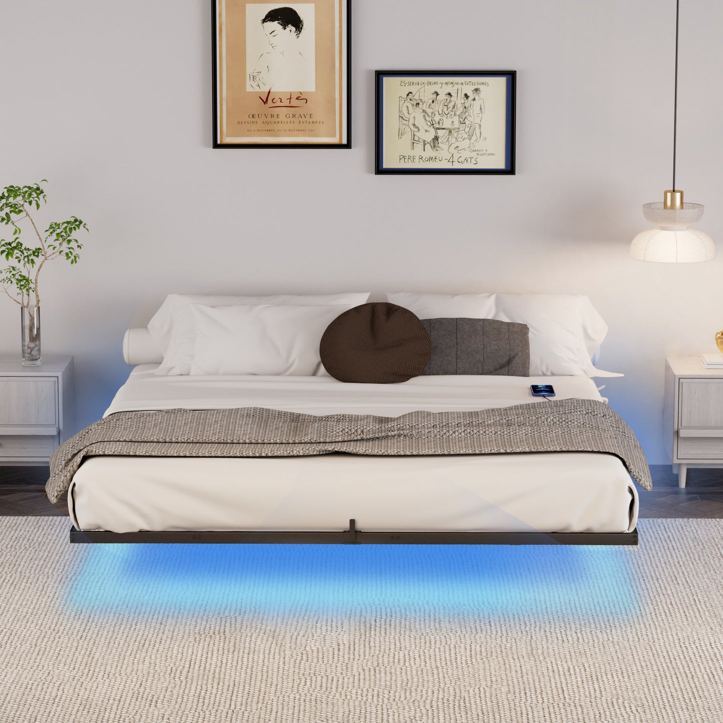 King floating bed frame with LED lights and charging station, metal platform