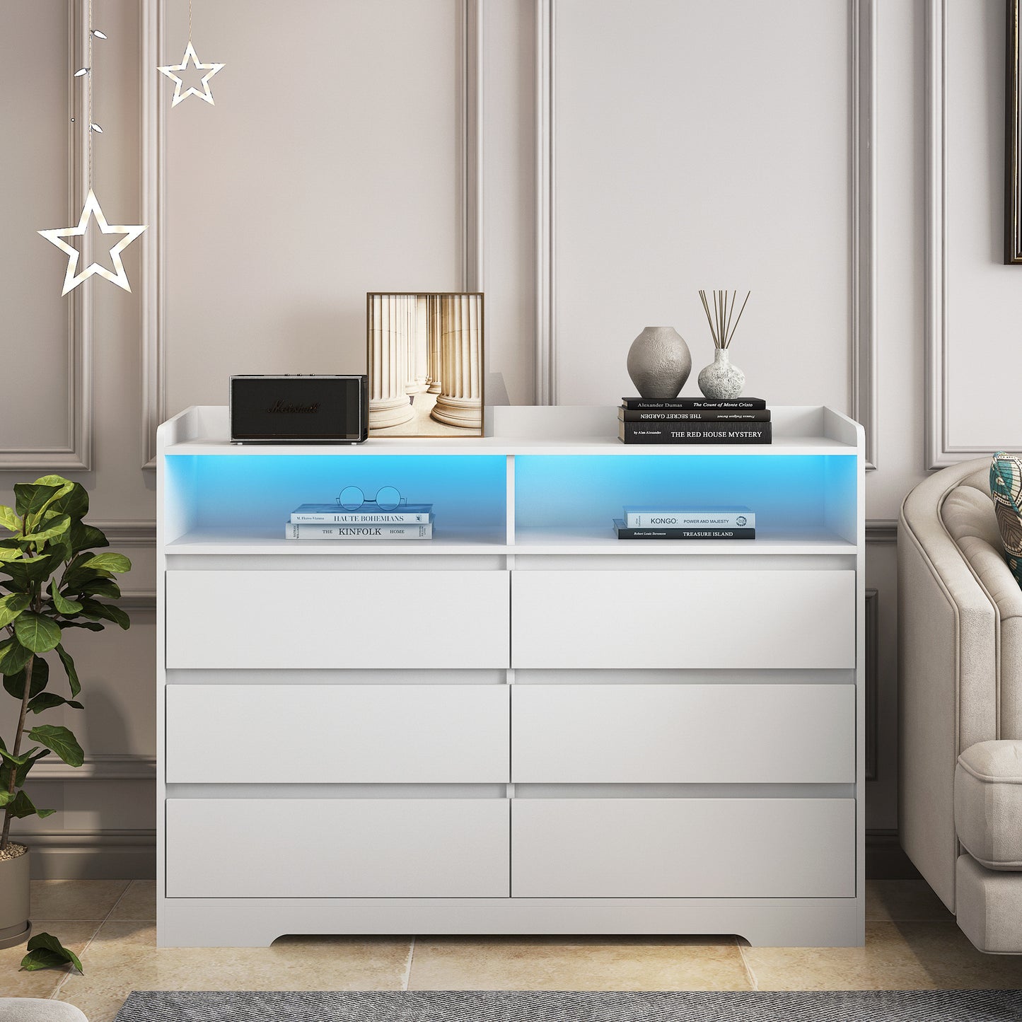 6-drawer white dresser with LED lights, modern design for bedroom or living space