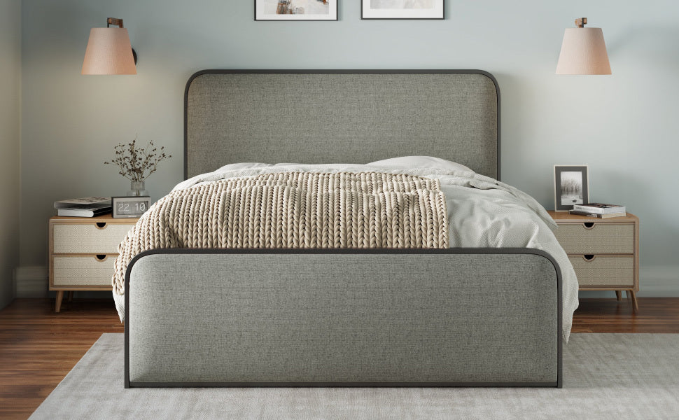 Modern king metal bed frame with curved upholstered headboard and under-bed storage, gray