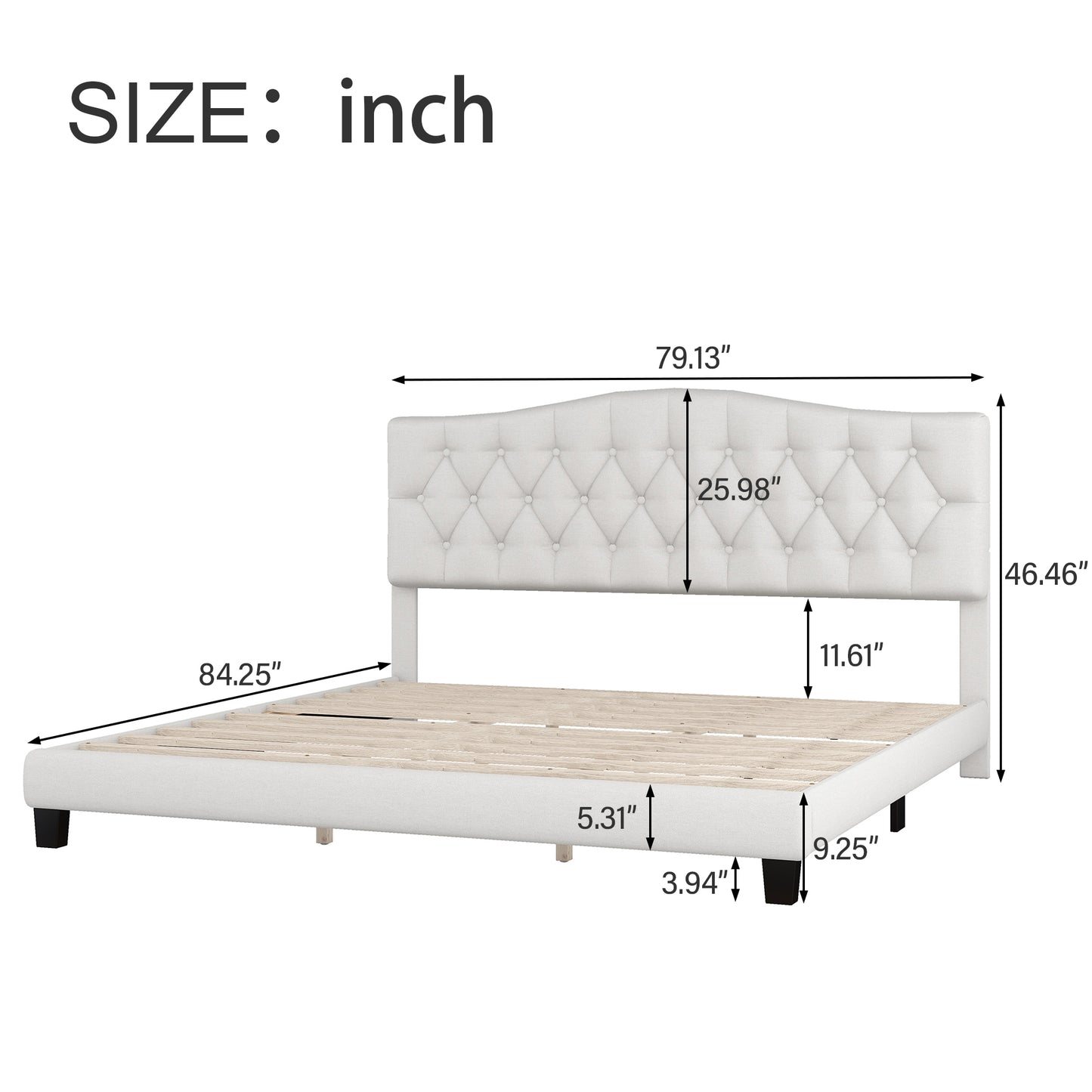 Upholstered king platform bed with curved headboard, beige