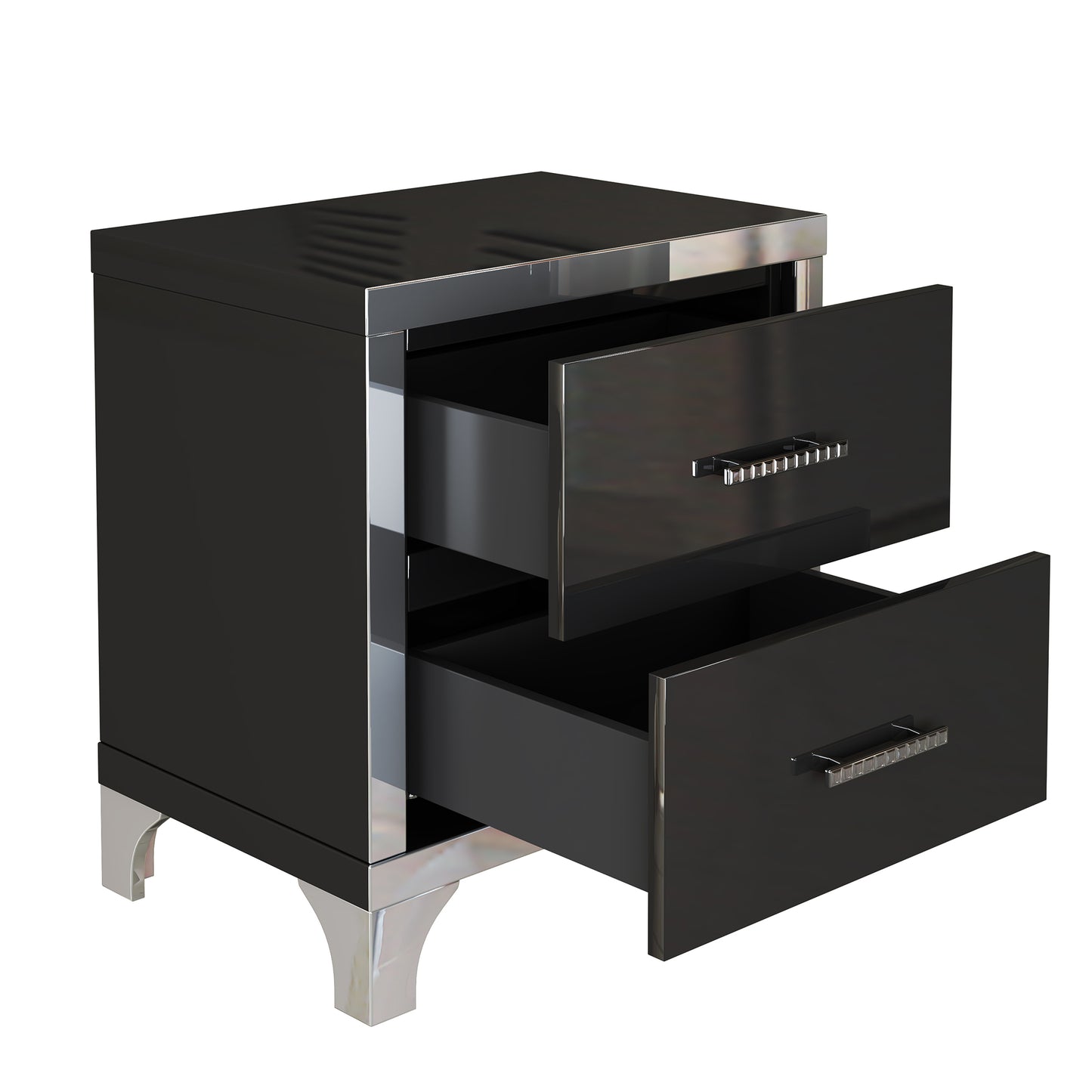 Elegant high gloss nightstand with 2 drawers, mirrored, black