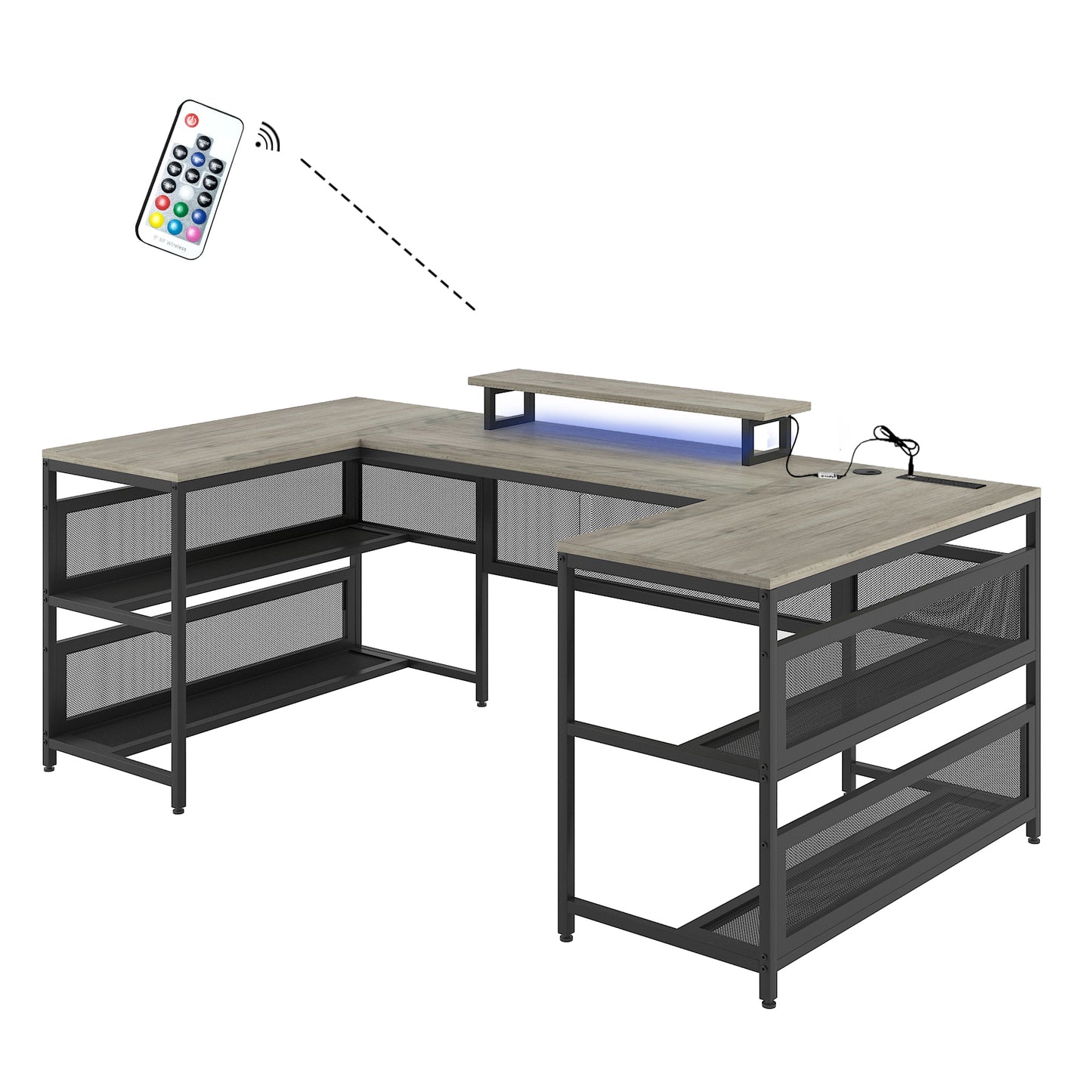 U-Shaped Desk with Power Outlets, LED, Monitor Stand, and Storage