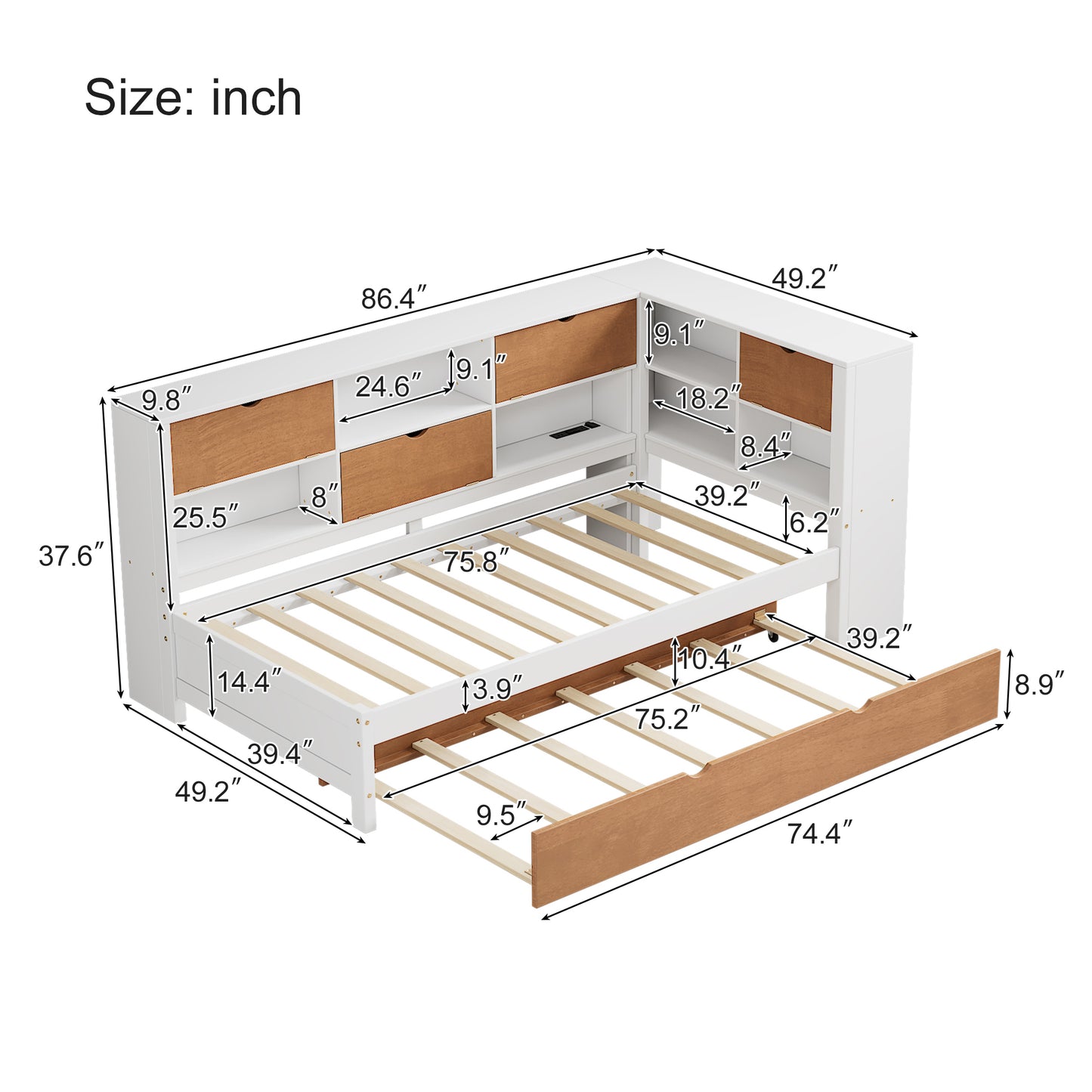 L-shaped twin bed frame with trundle, bookcase, LED light, walnut and white