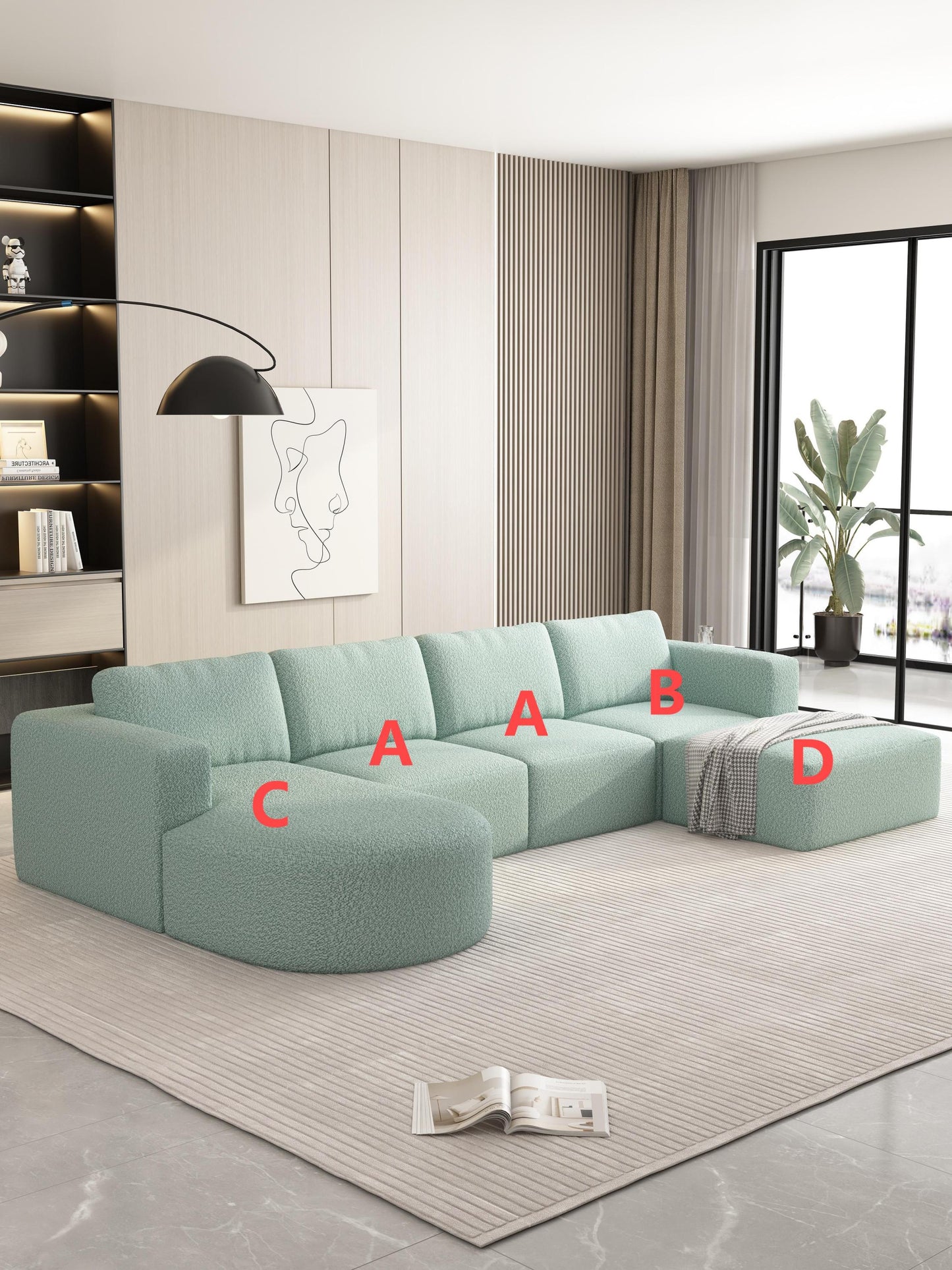 133.84''x70.86'' Modular U-Shaped Sleeper Sofa with Chaise and Ottoman, Light Green