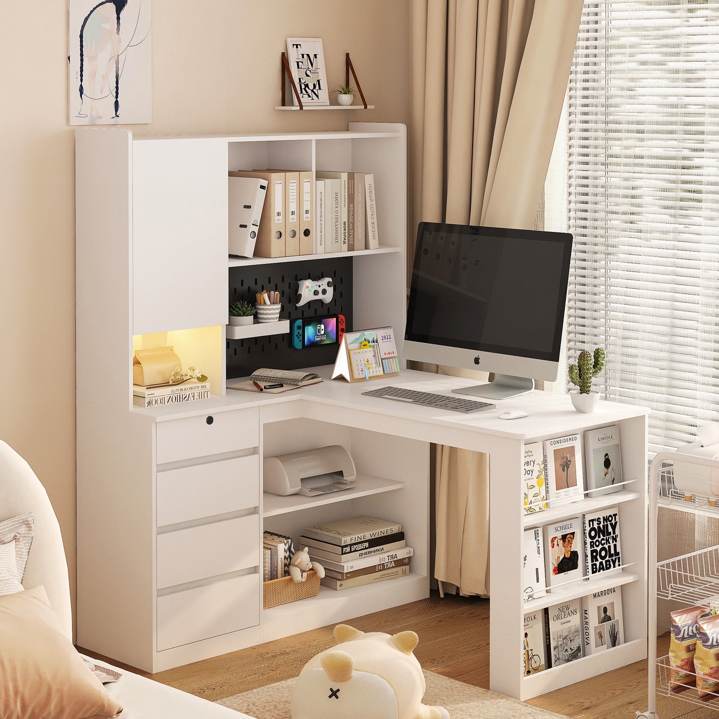 L-Shaped Desk with Drawers, Bookshelf, Hutch, LED, and Storage