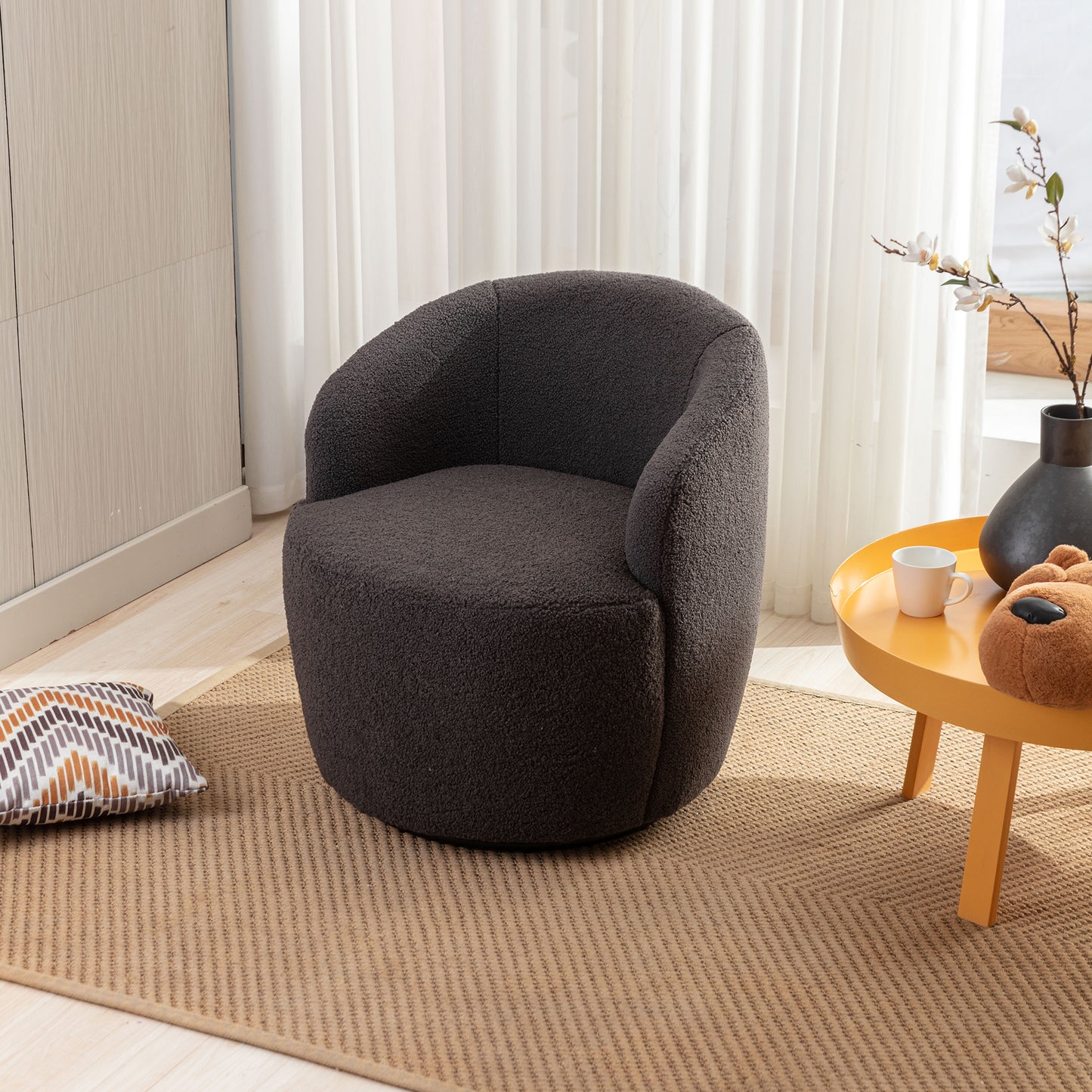 Accent Swivel Armchair with a black metal ring - Dark Grey