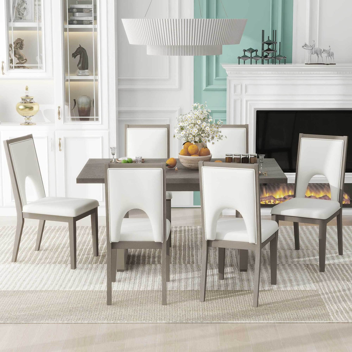 Wood dining table set for 6, grey table, beige upholstered chairs