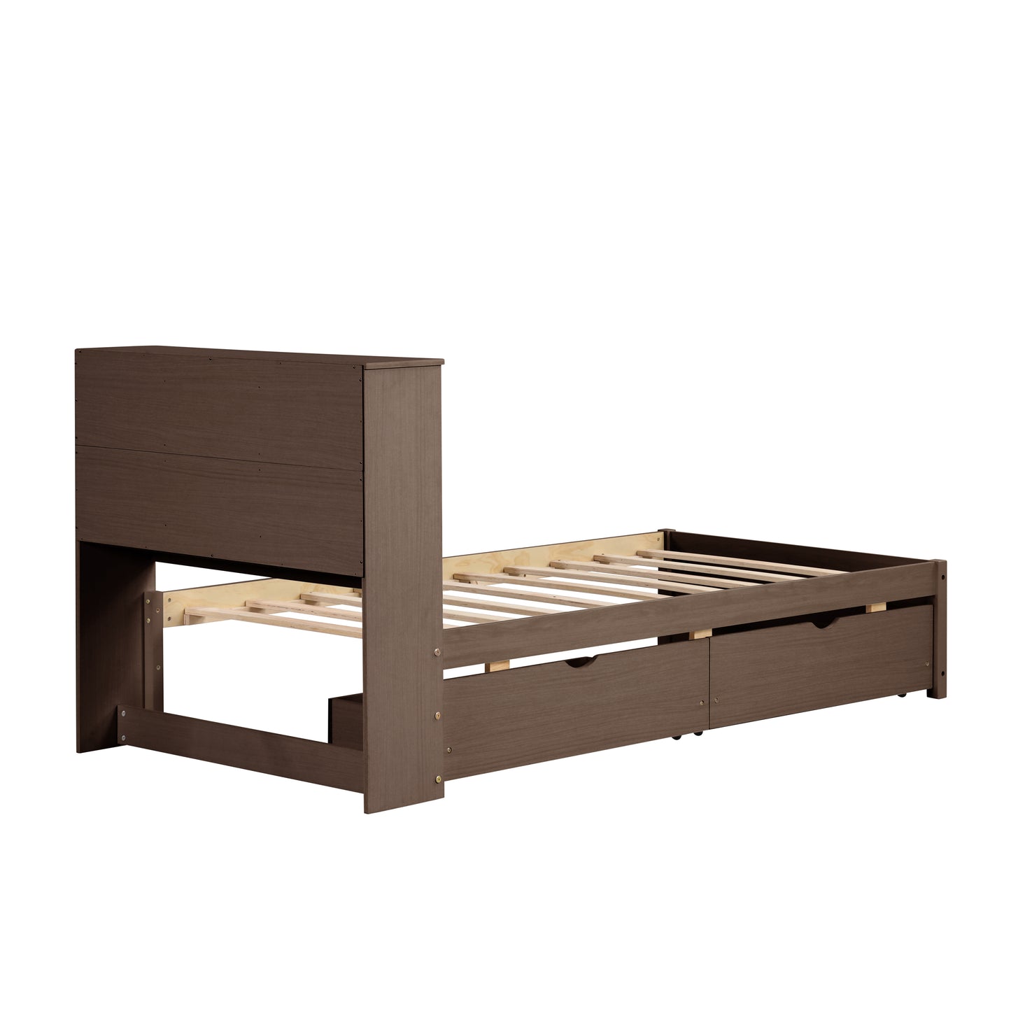 Modern twin bed frame with USB port, bookcase headboard, and drawers, walnut