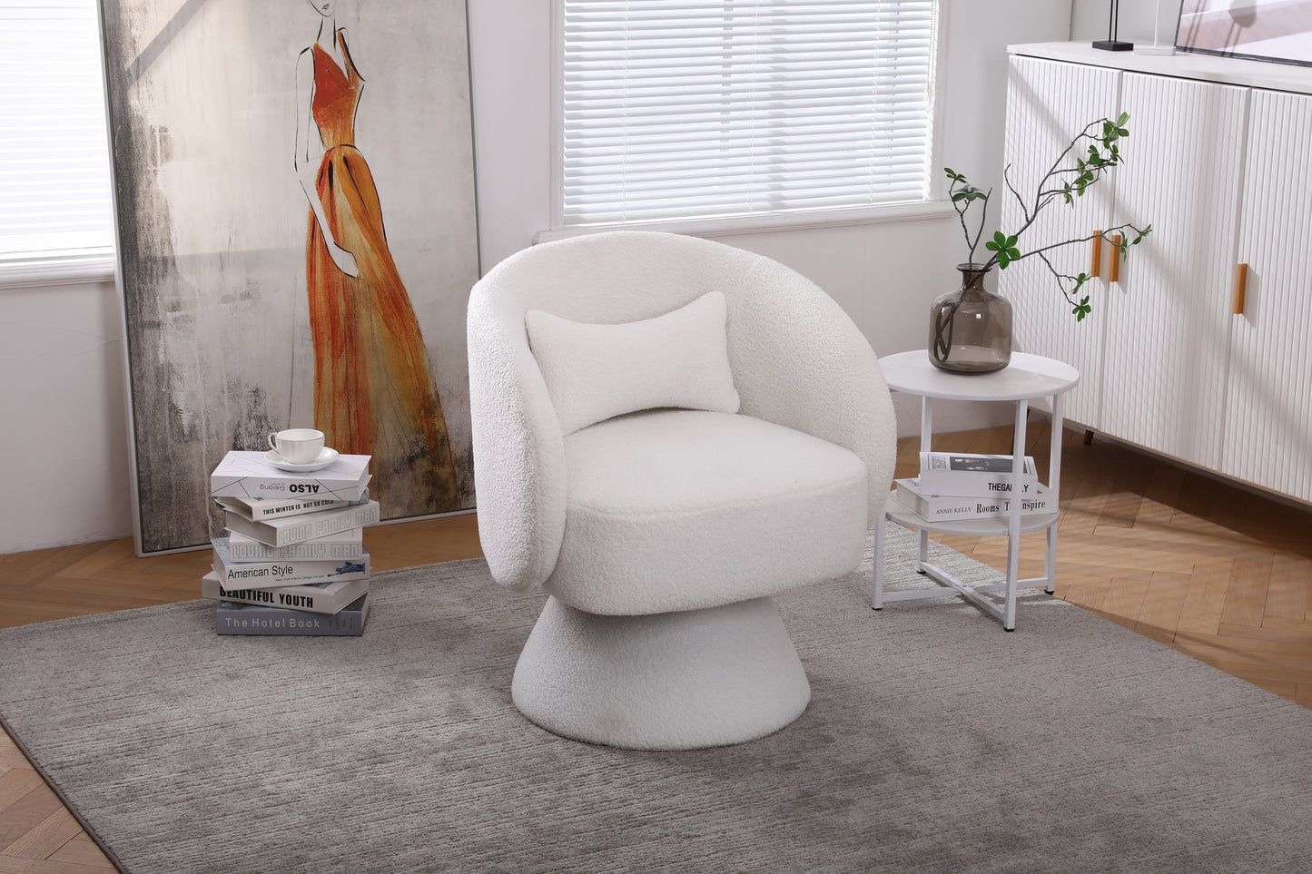 Swivel Accent Chair with a round barrel design for living rooms and bedrooms - White