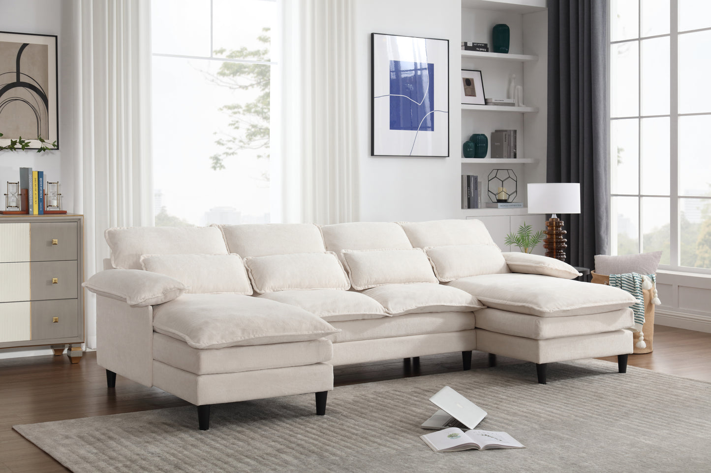 U-Shaped Modular Sectional Sofa with Chaise Lounge, 4 Seater, Terrycloth, Beige