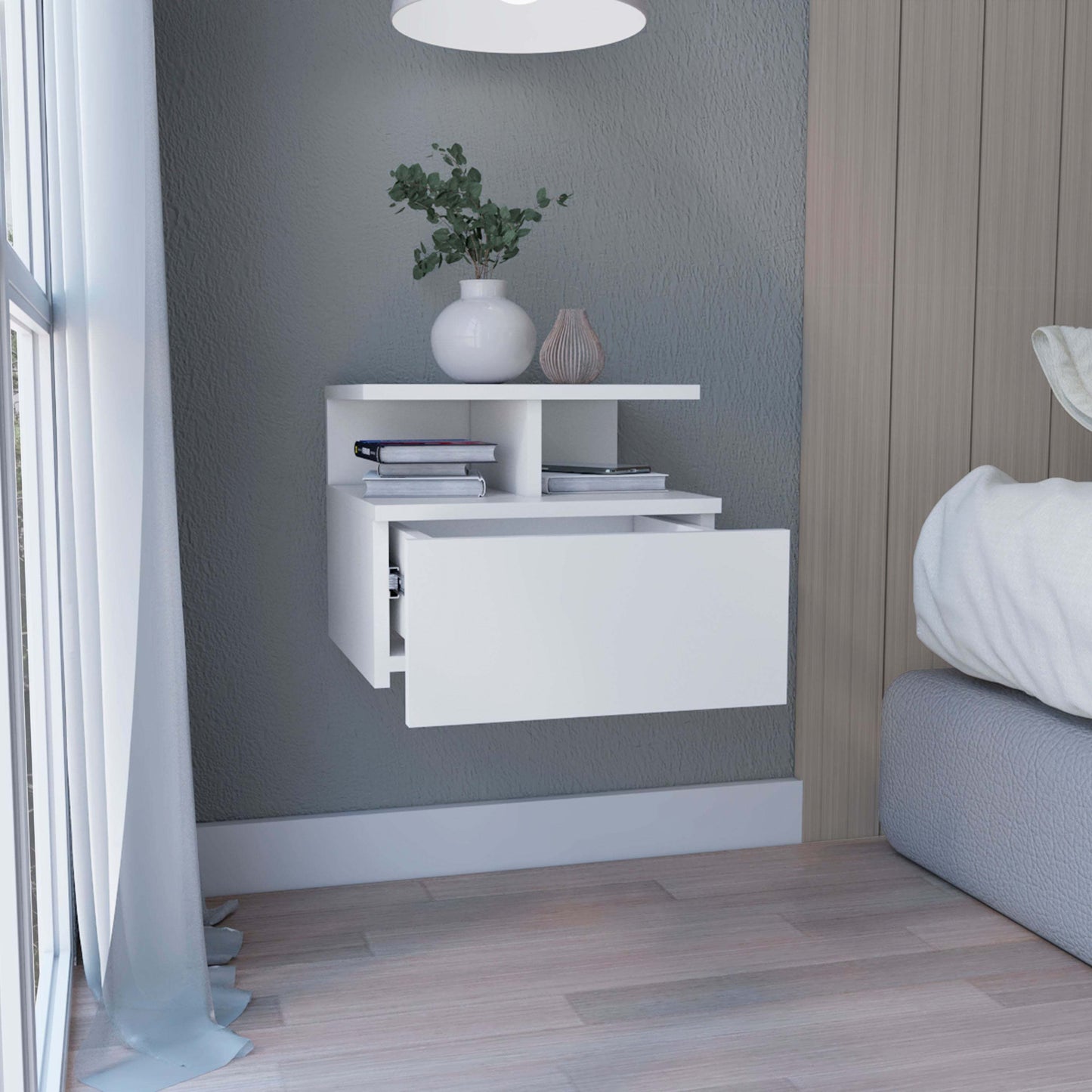 Floating Nightstand 12"H, Wall Mounted with Single Drawer and 2-Tier Shelf, White