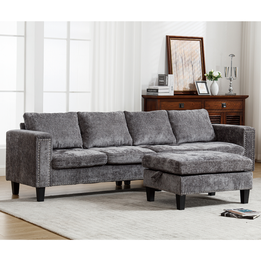 5-Seat Modular Sofa with Storage Ottoman, Reversible Chaise, Chenille, Gray