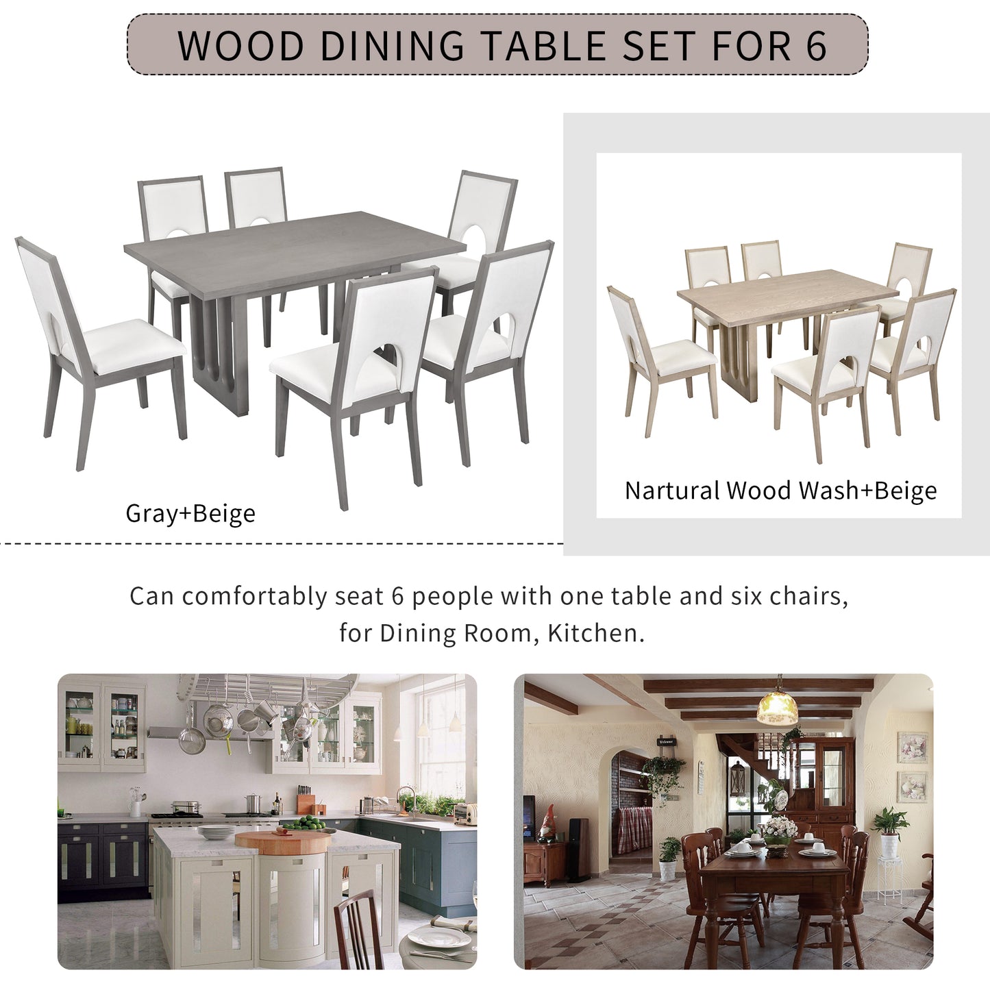 Wood dining table set for 6, grey table, beige upholstered chairs