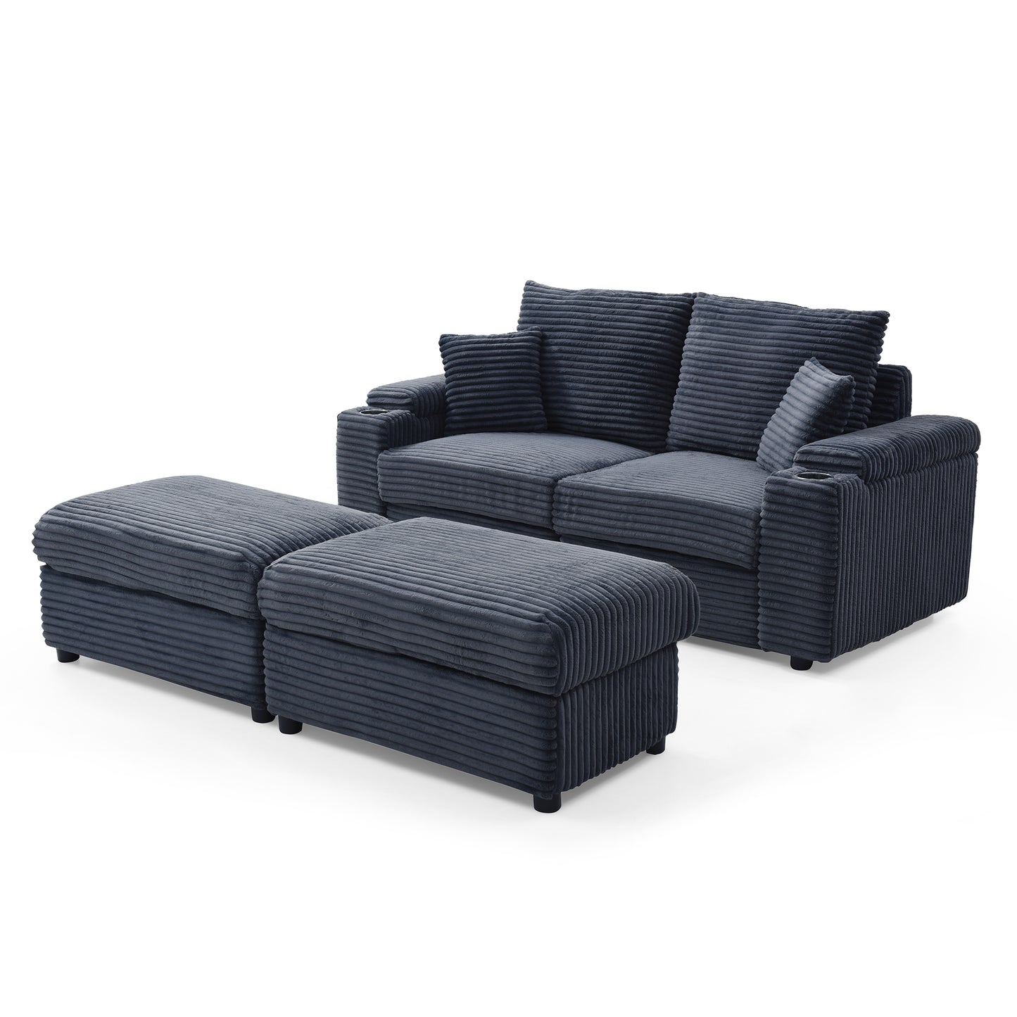 Loveseat with Ottomans, Corduroy Modular Sofa, Deep Plush, Grey