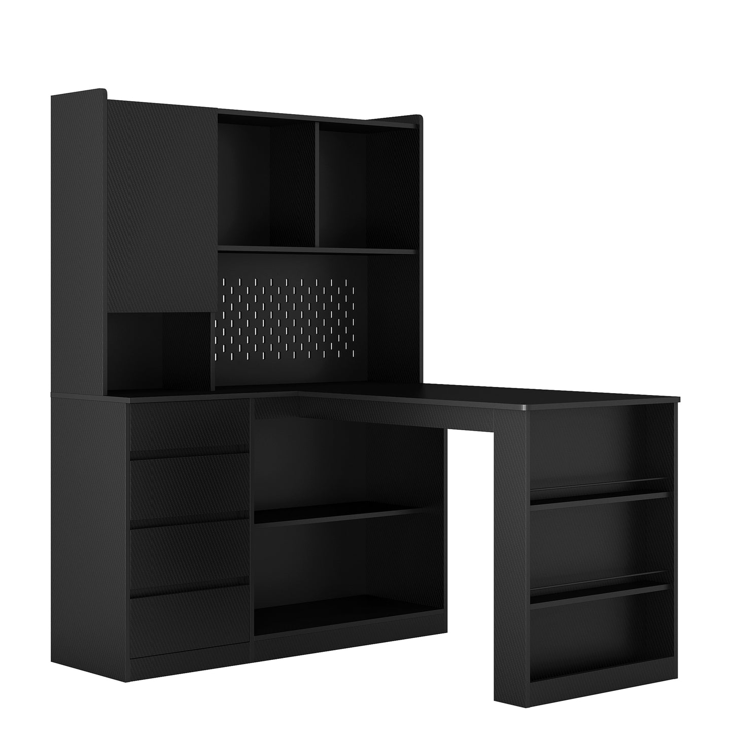 L-Shaped Desk with Drawers, Bookshelf, Hutch, LED, and Storage