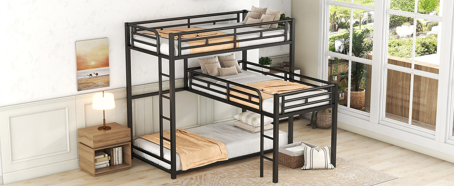 L-shaped Metal Triple Twin Size Bunk Bed, Black