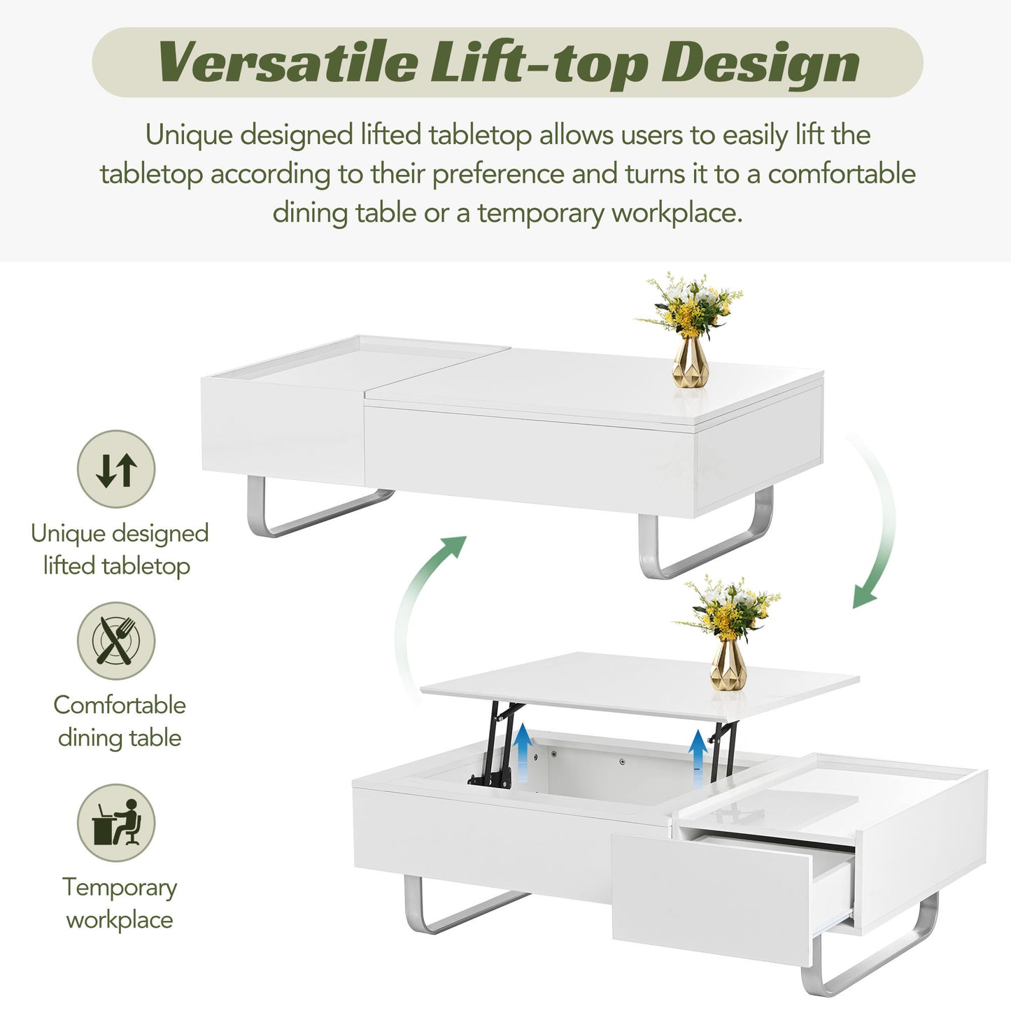 ON-TREND Multi-Functional Coffee Table with Lifted Top, White