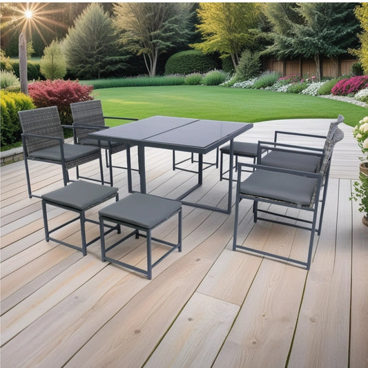 9-piece patio dining set with glass table, grey wicker, dark grey cushions