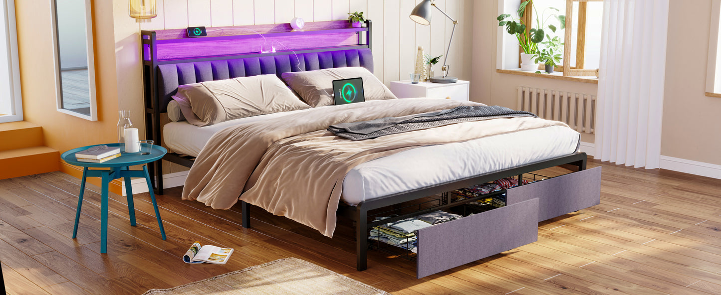 King bed frame with storage headboard, drawers, and LED lights, gray