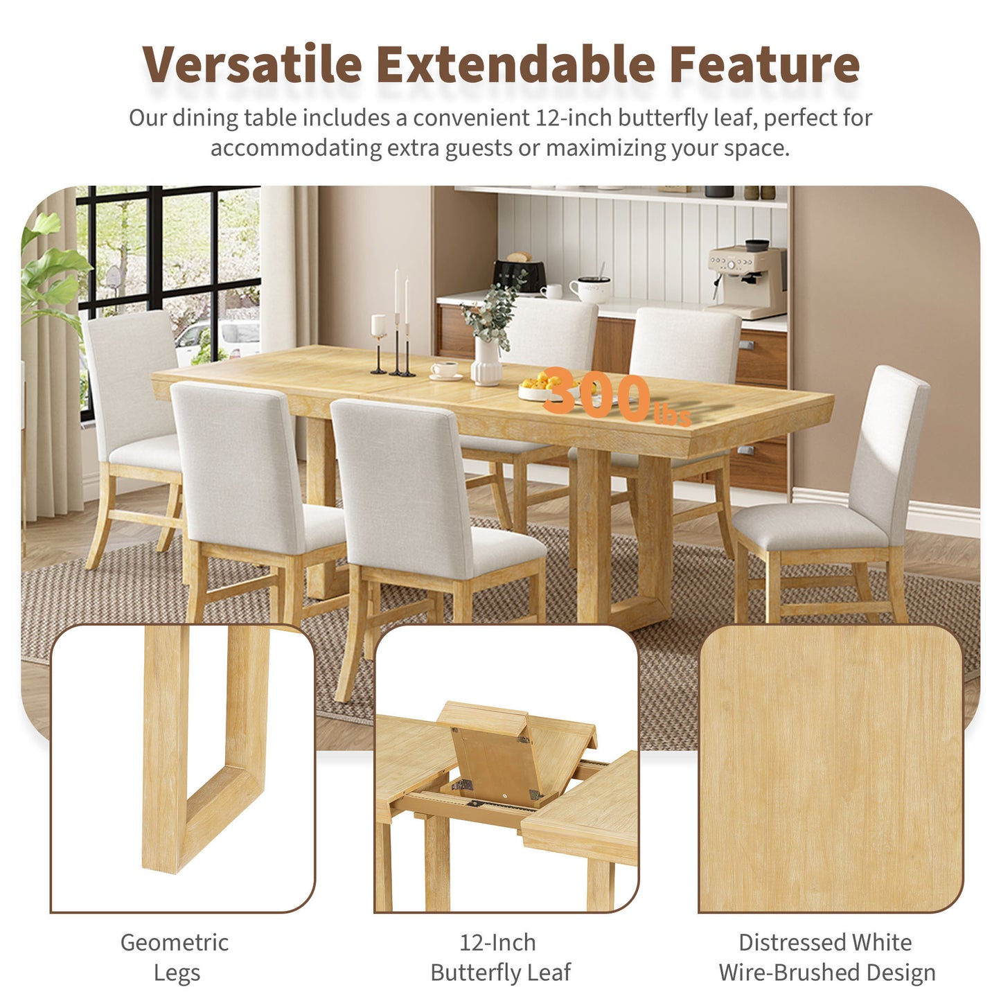 7-piece traditional extendable dining set with butterfly leaf, natural finish