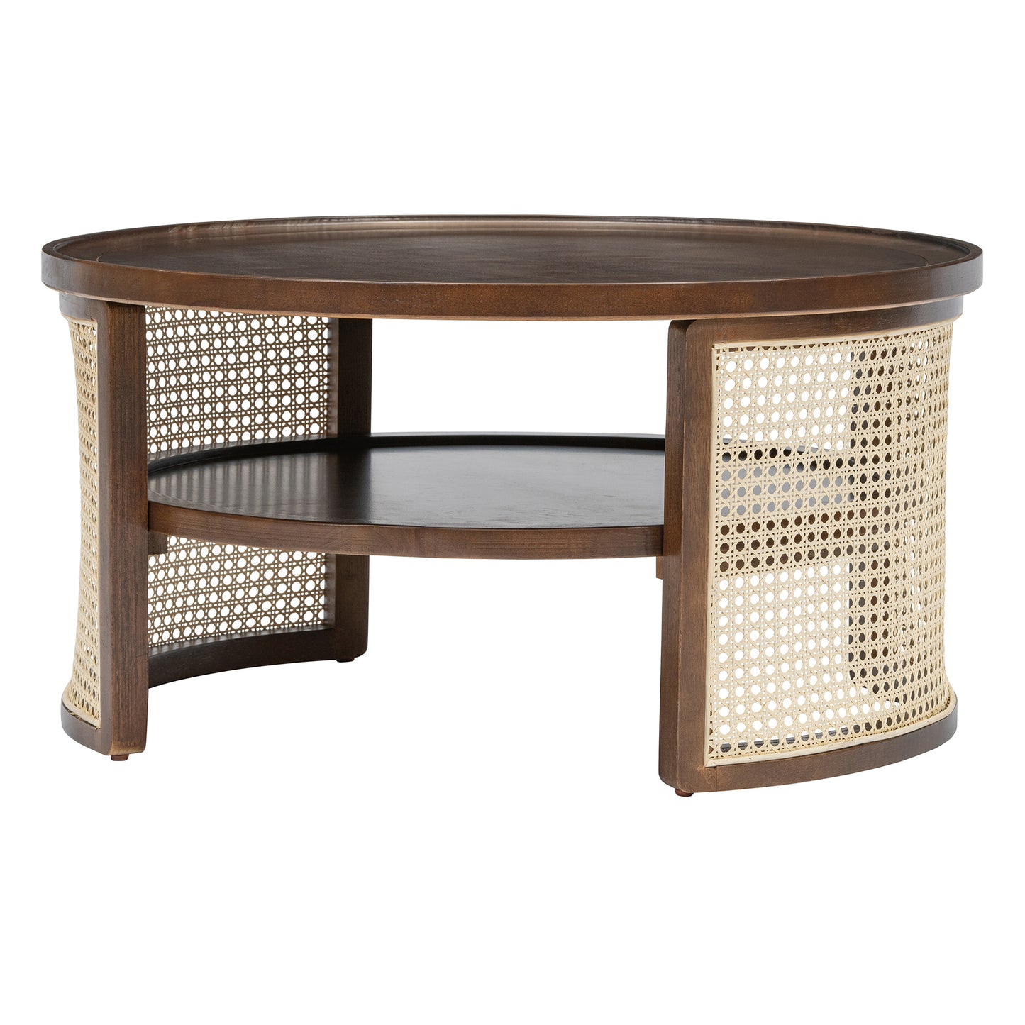 2-Tier Walnut Coffee Table with Rattan Base