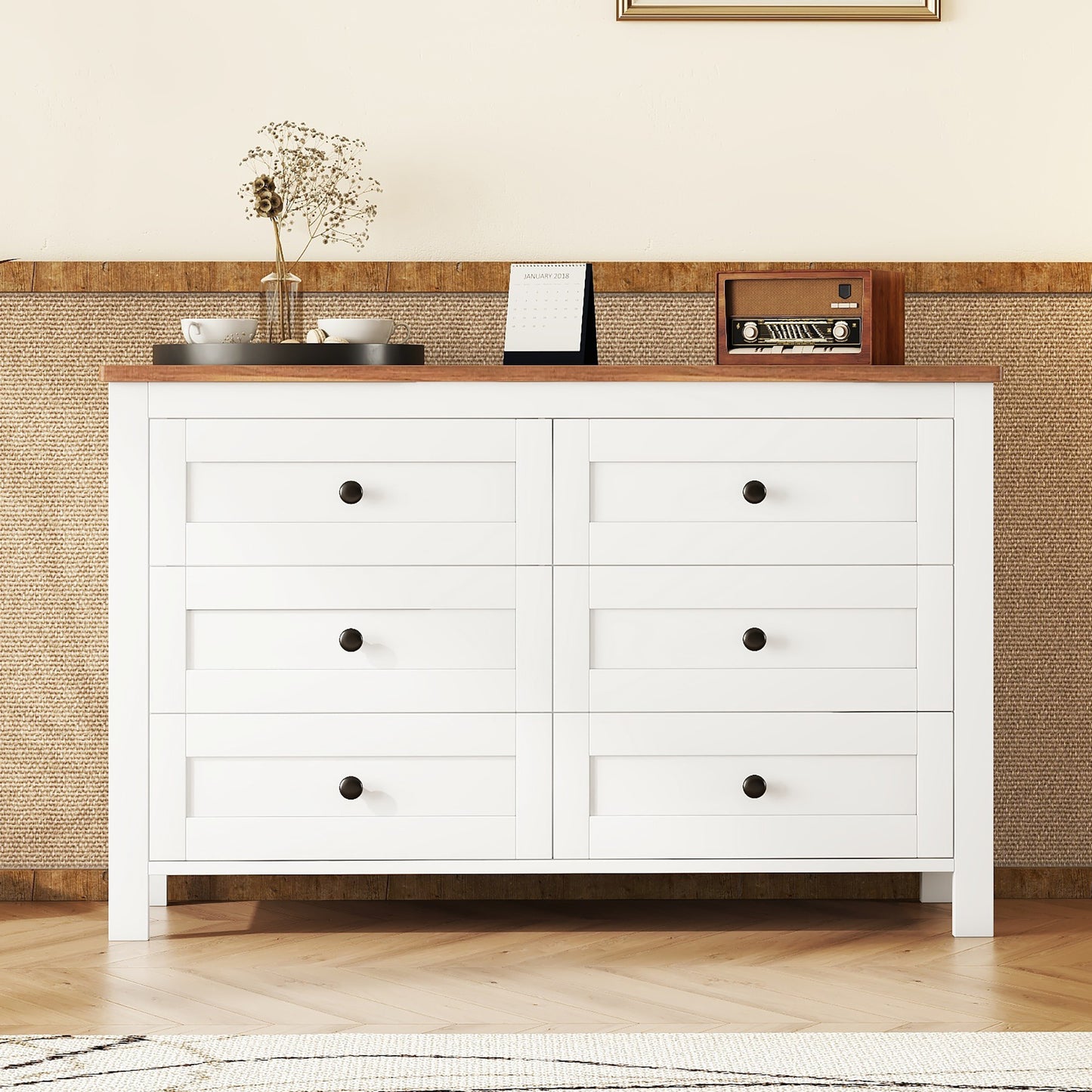 Retro farmhouse dresser with 6 drawers, white and brown