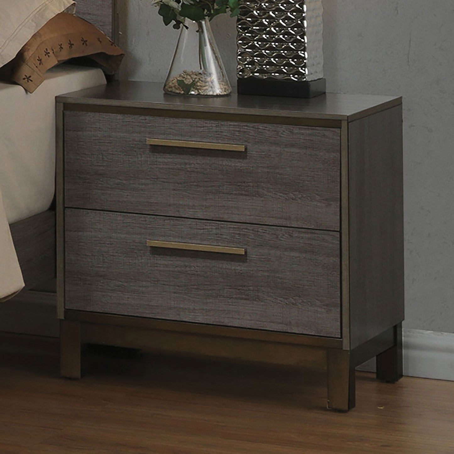 Contemporary nightstand, two-tone antique gray with brass bar pulls