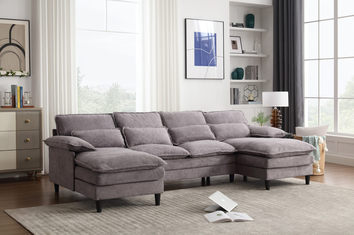 U-Shaped Modular Sectional Sofa with Chaise Lounge, 4 Seater, Terrycloth, Gray